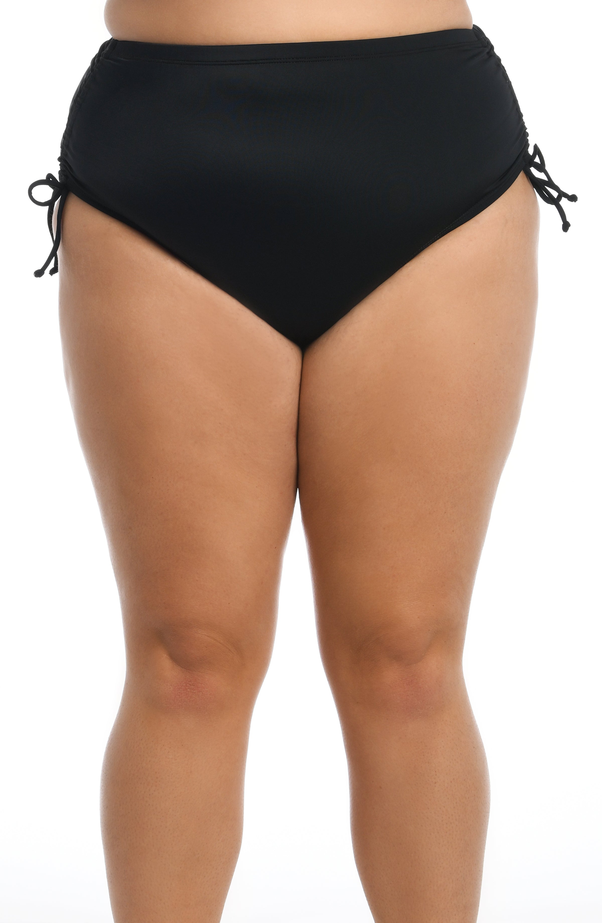 Black high-waisted bikini bottom with ties on a white background
