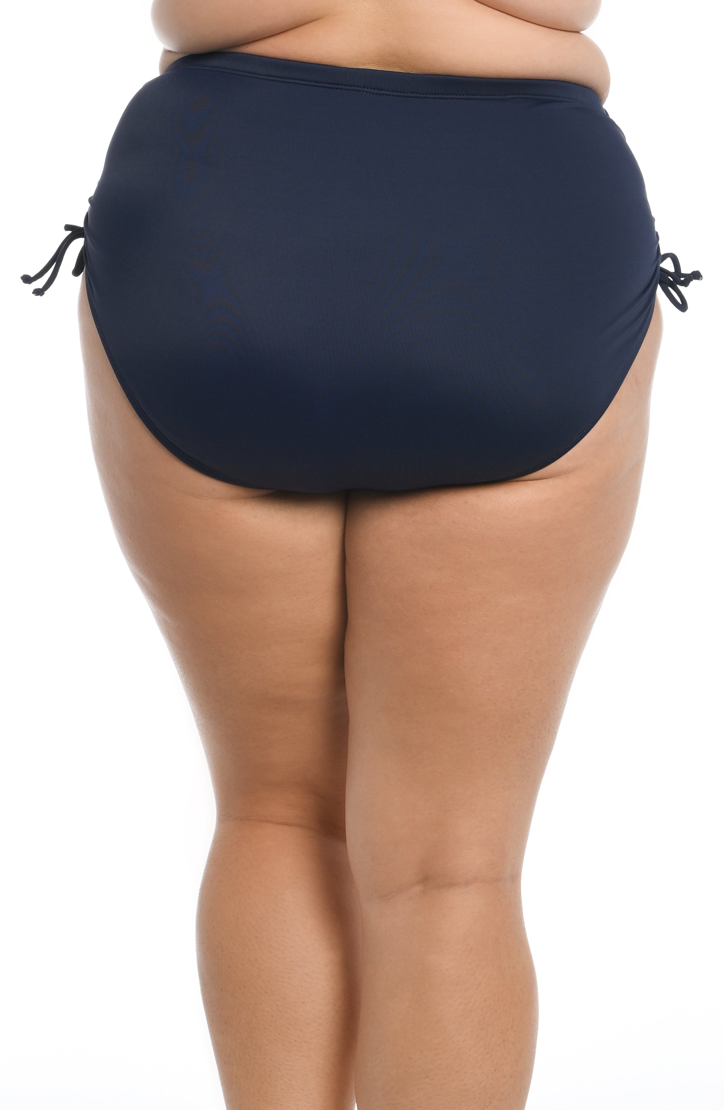 Navy blue high-waisted bikini bottom on a white background
