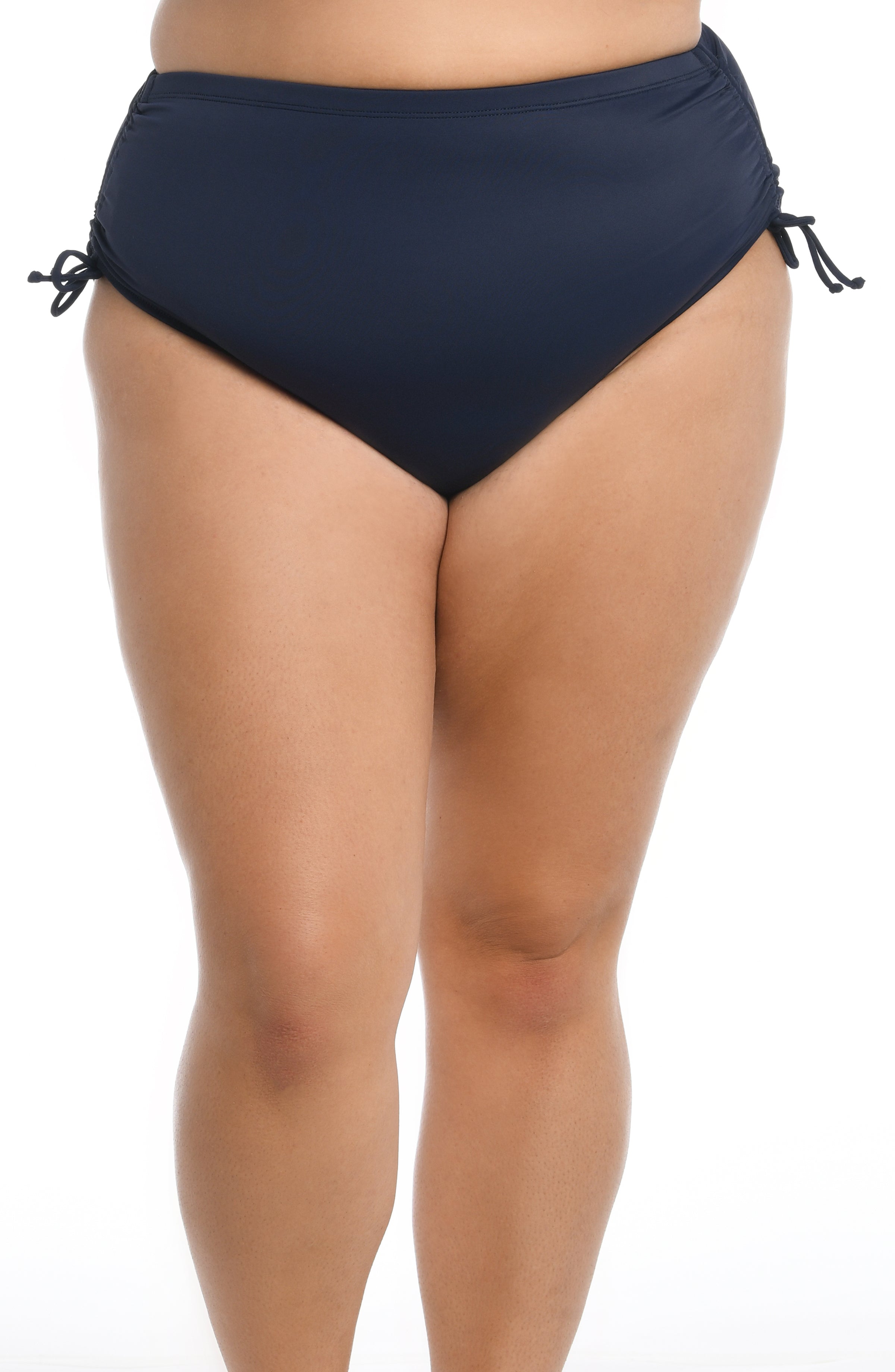Navy blue high-waisted bikini bottom on a white background