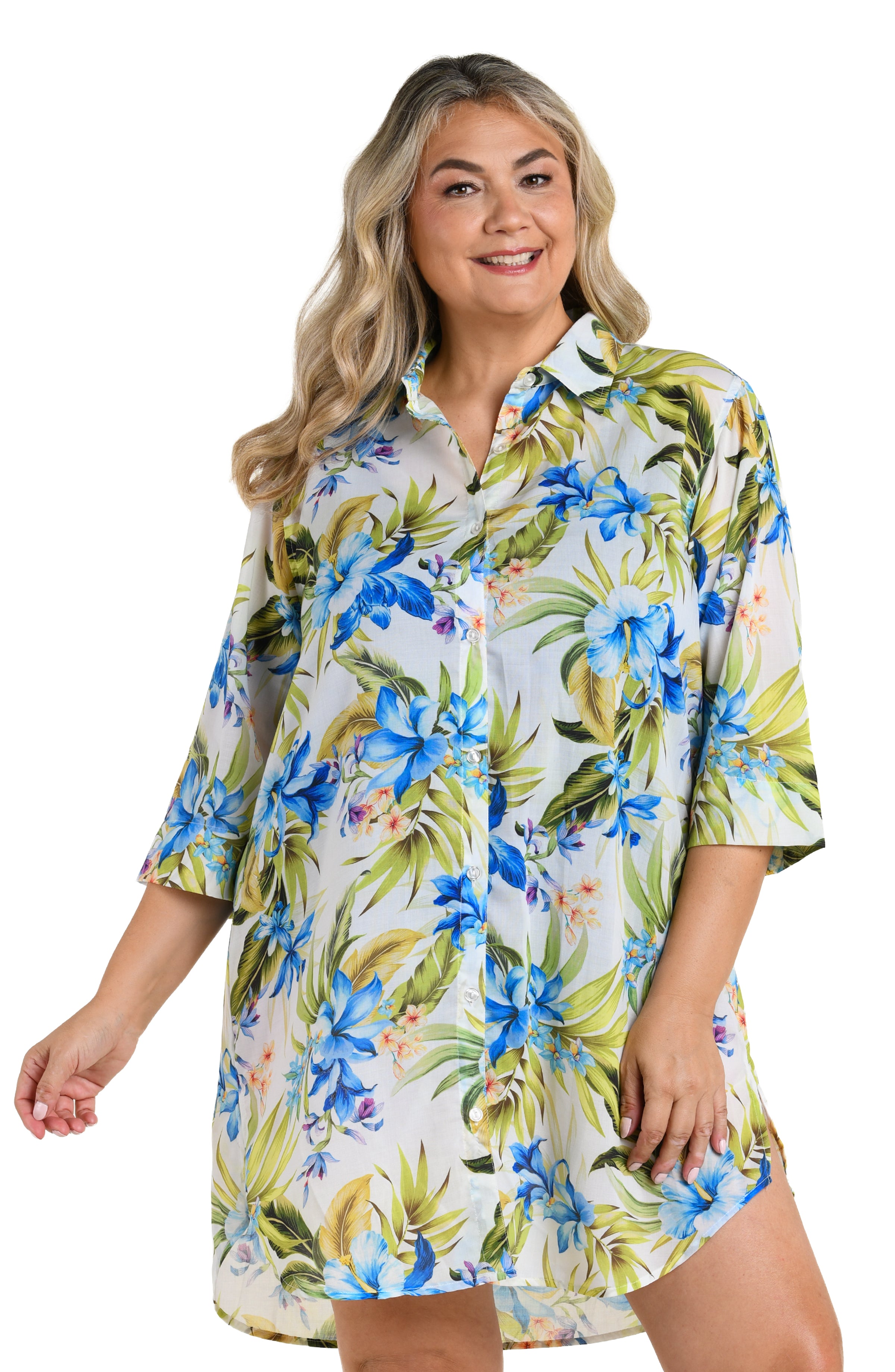 Woman wearing a floral cover up shirt up on a white background