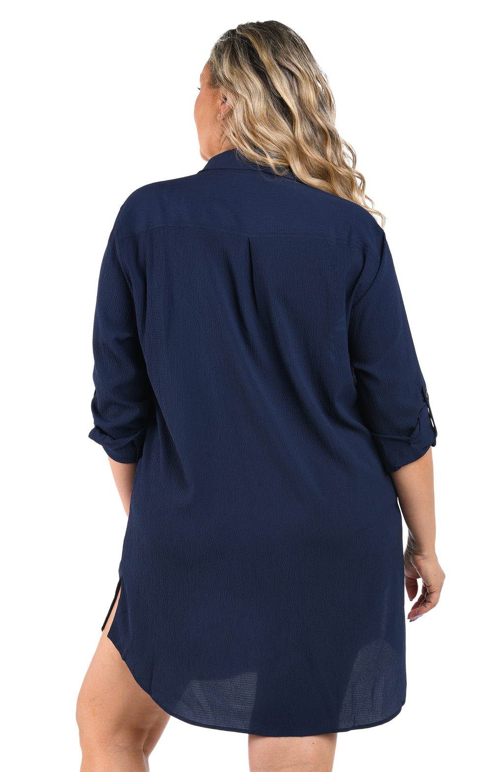 Navy blue dress worn by a model on a white background