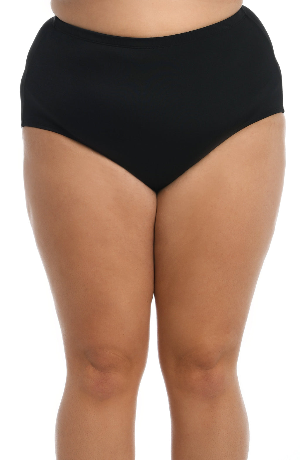 Black high-waisted bikini bottom on a white background