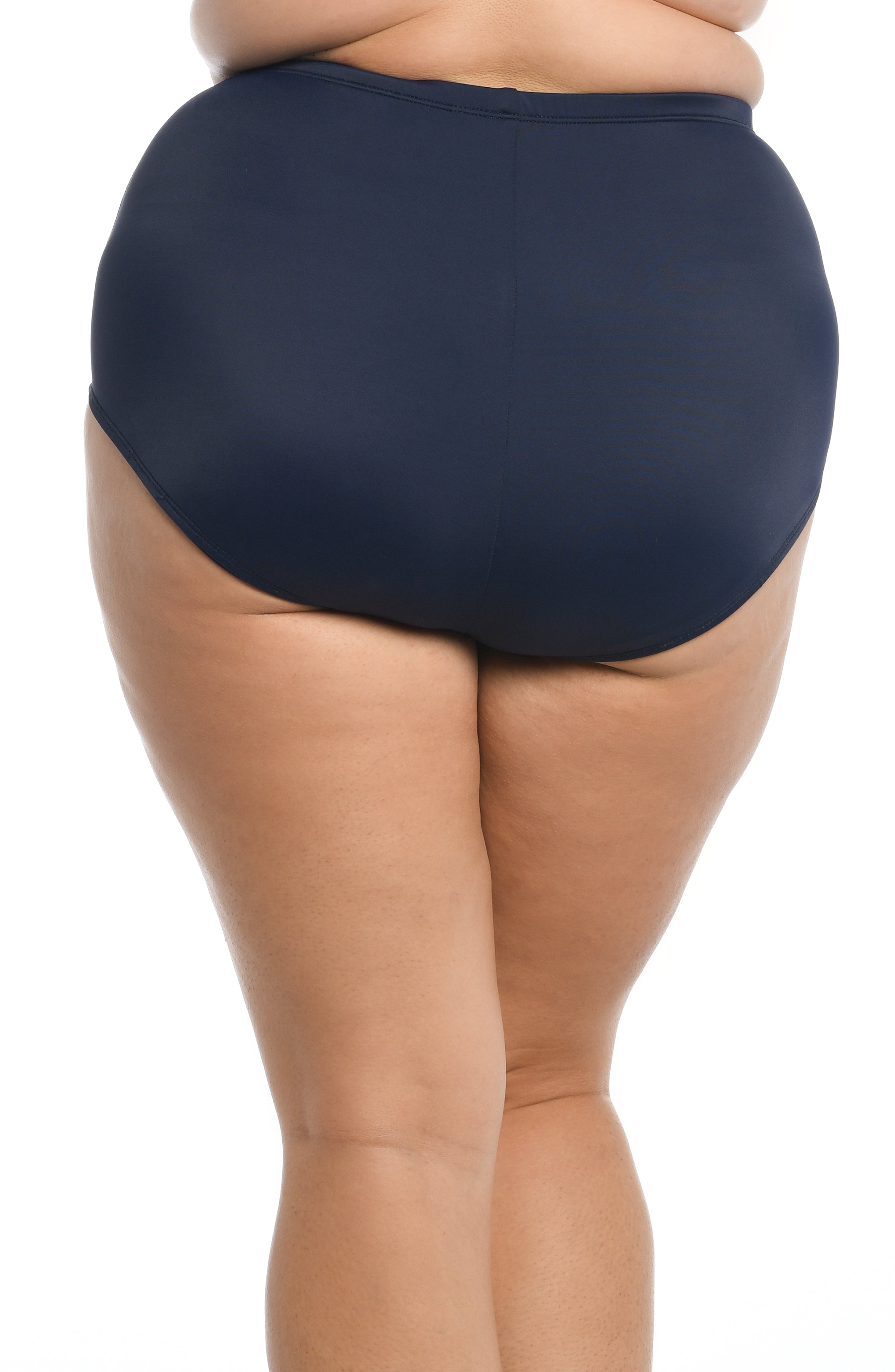 Navy blue high-waisted swimsuit bottom on a white background