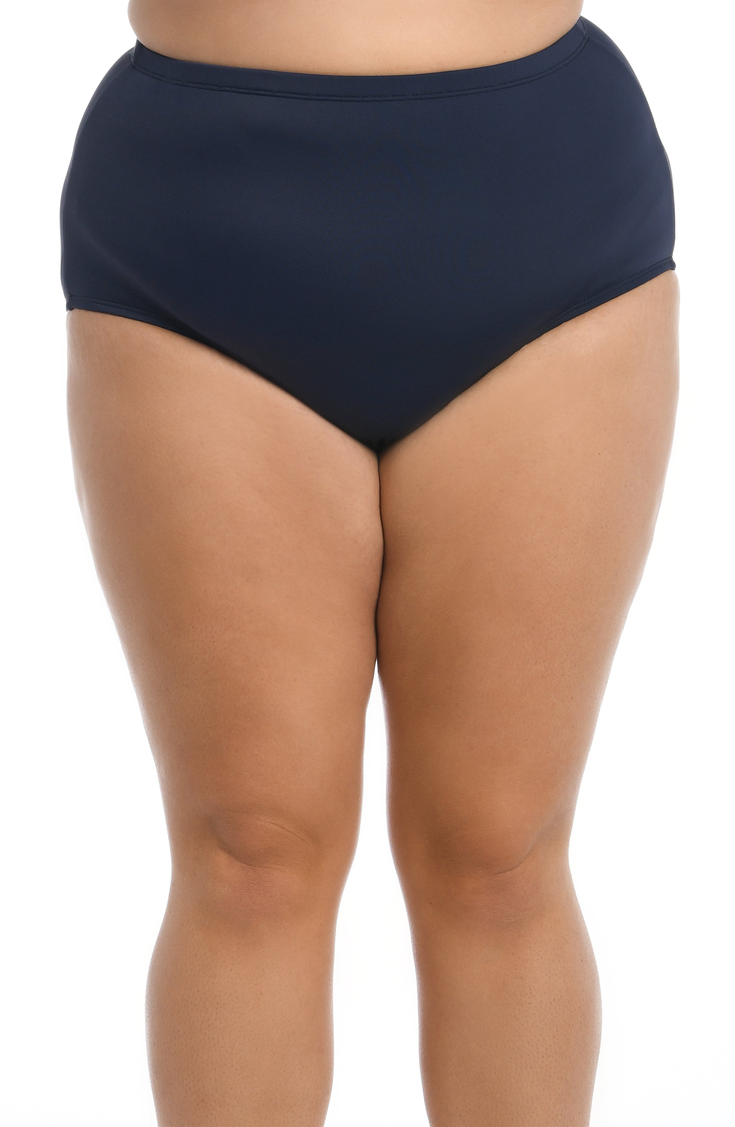 Navy blue high-waisted bikini bottom on a white background