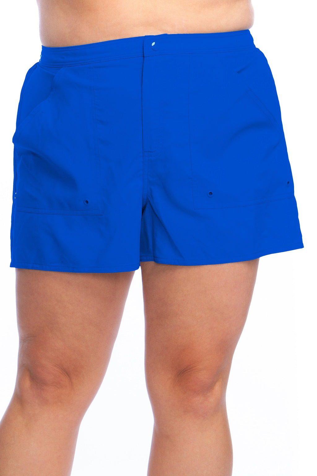 Blue board shorts worn by a person on a white background