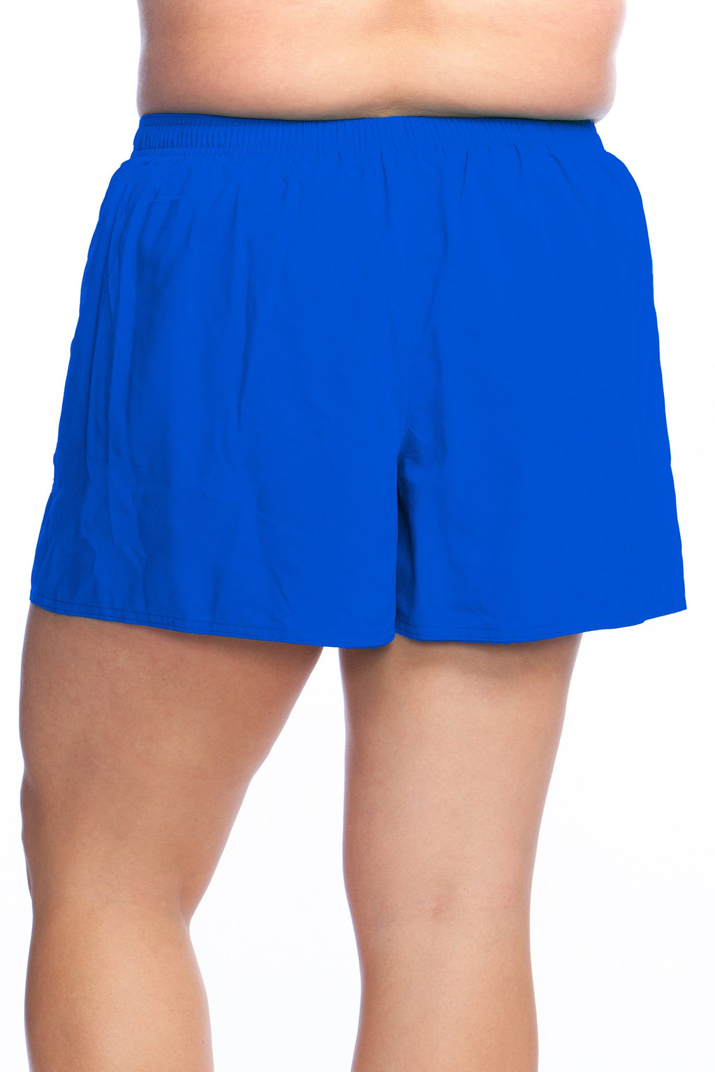 Blue board shorts worn by a person on a white background