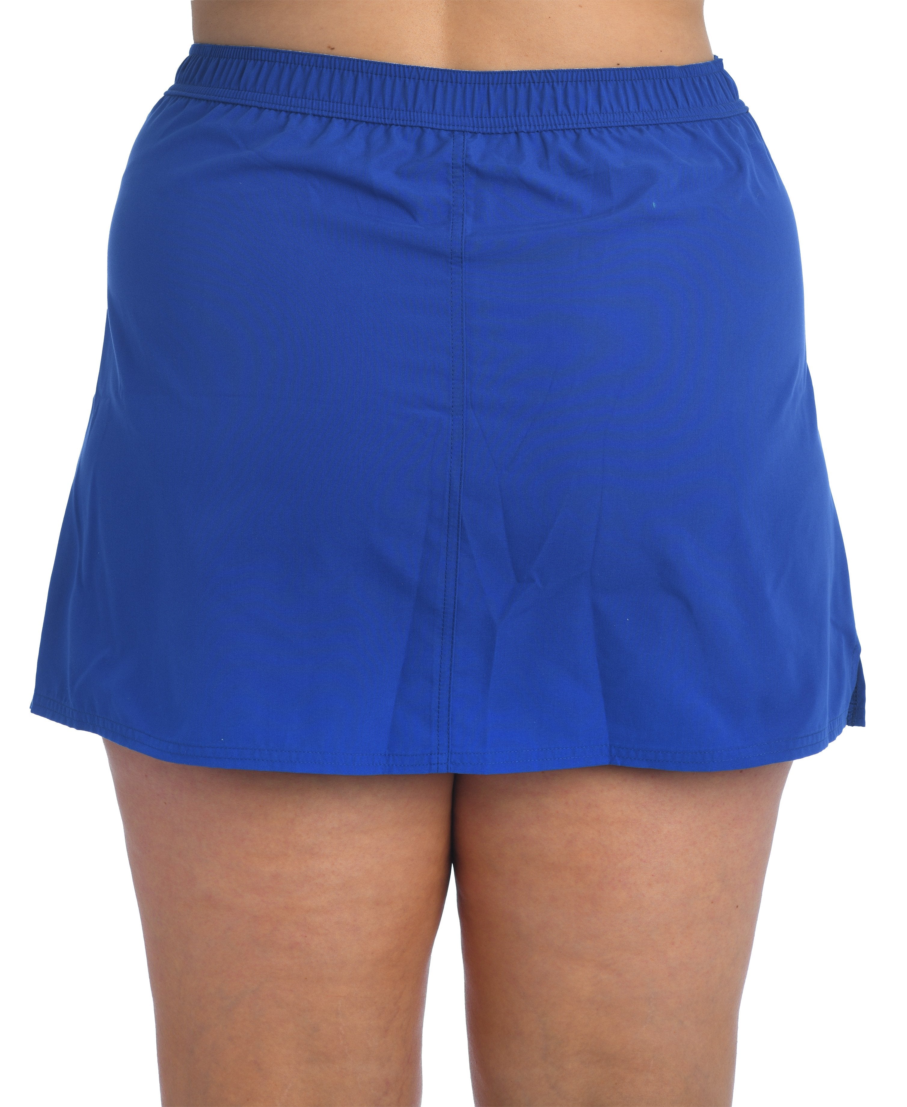 Blue swim skirt worn by a person on a white background