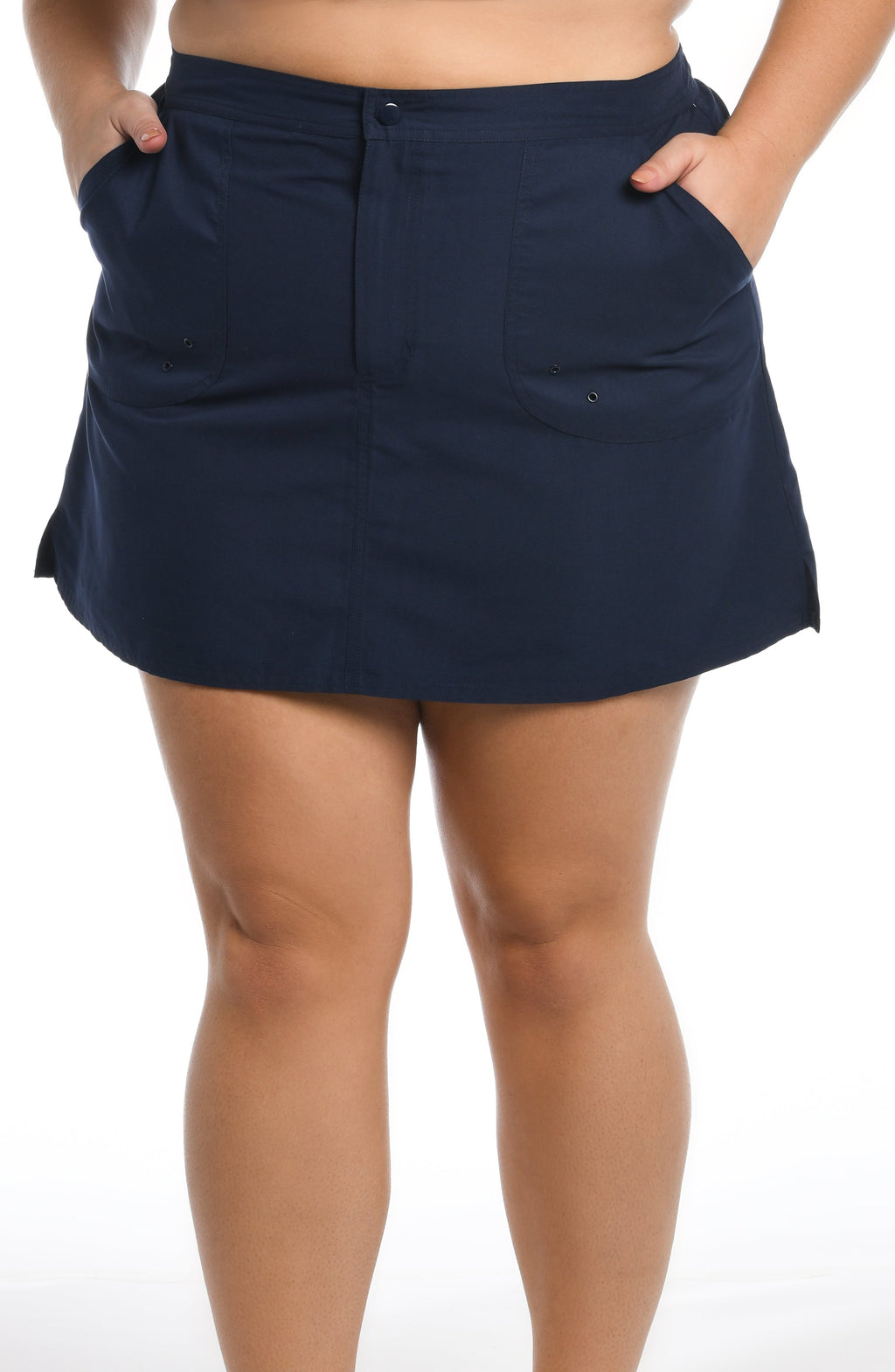 Navy blue swim skirt worn by a person on a white background
