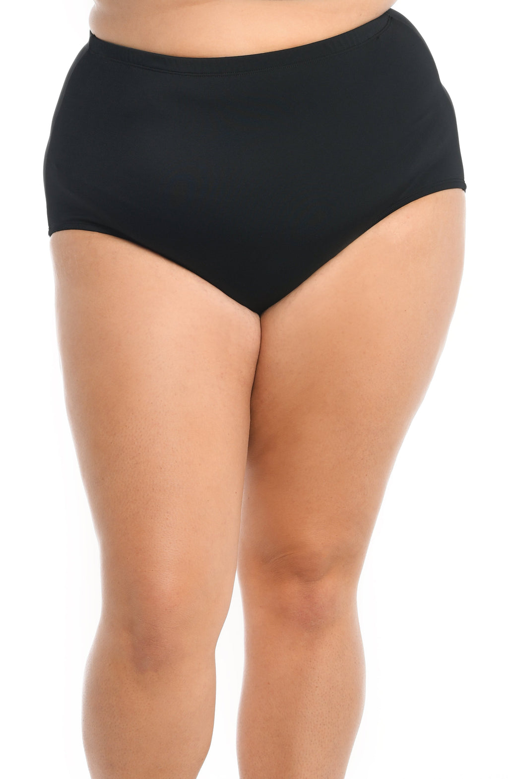 Black high-waisted swim bottoms worn by a person on a white background