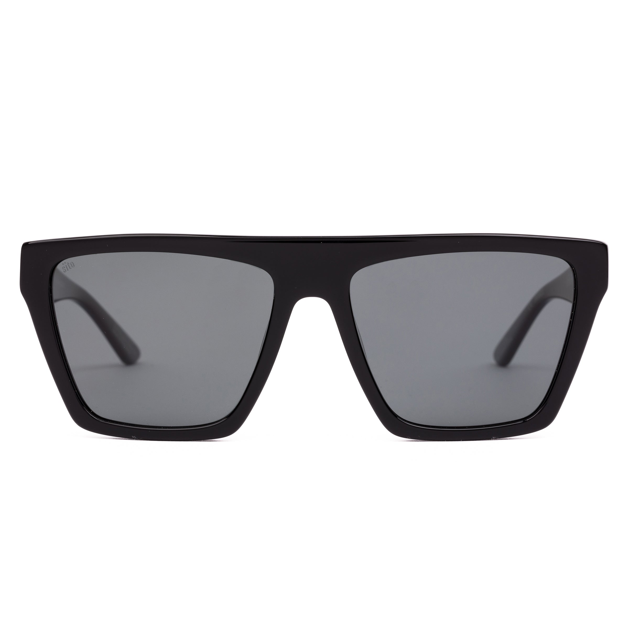 Black sunglasses with dark lenses on a white background