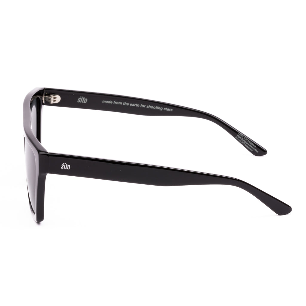Black sunglasses with dark lenses on a white background