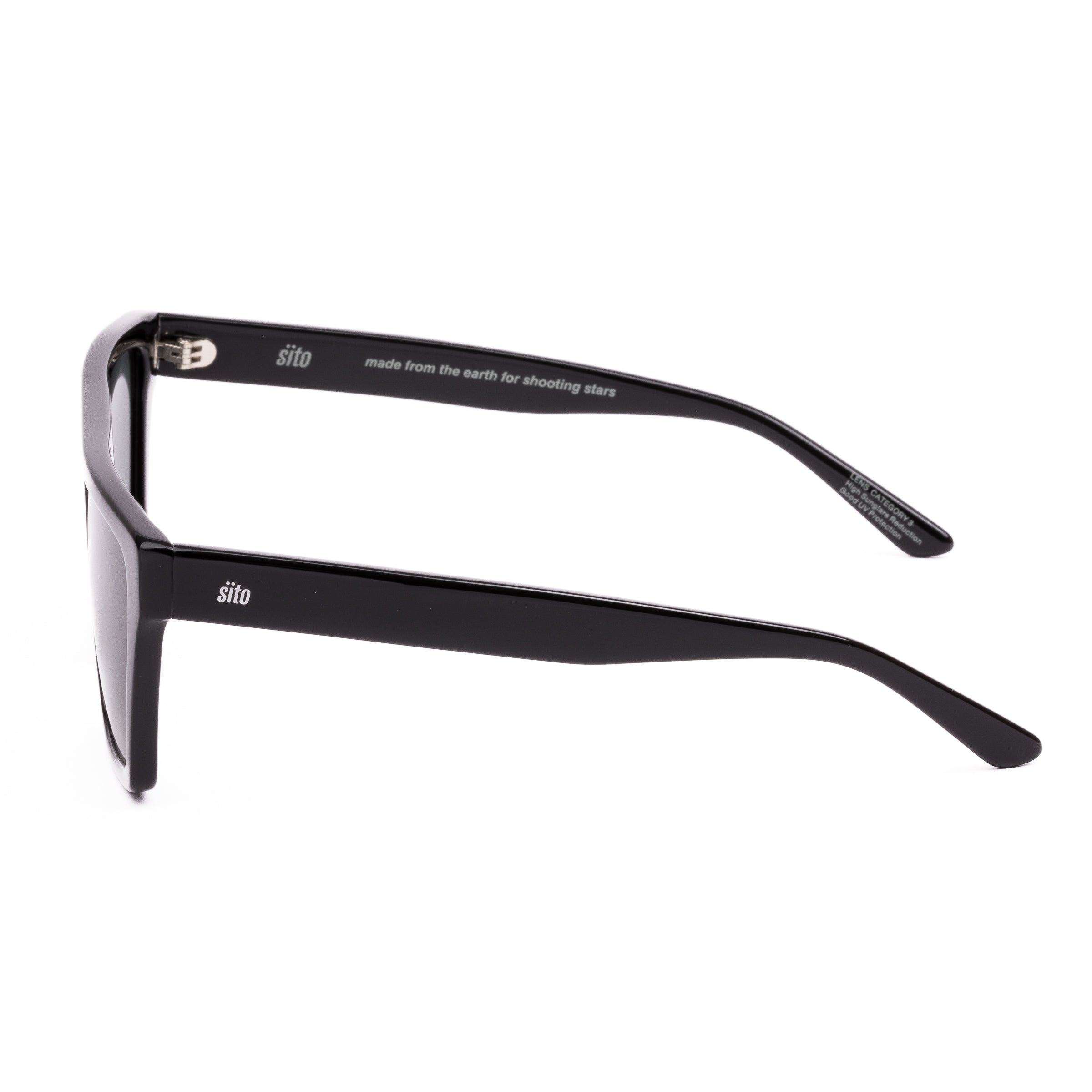 Black sunglasses with dark lenses on a white background