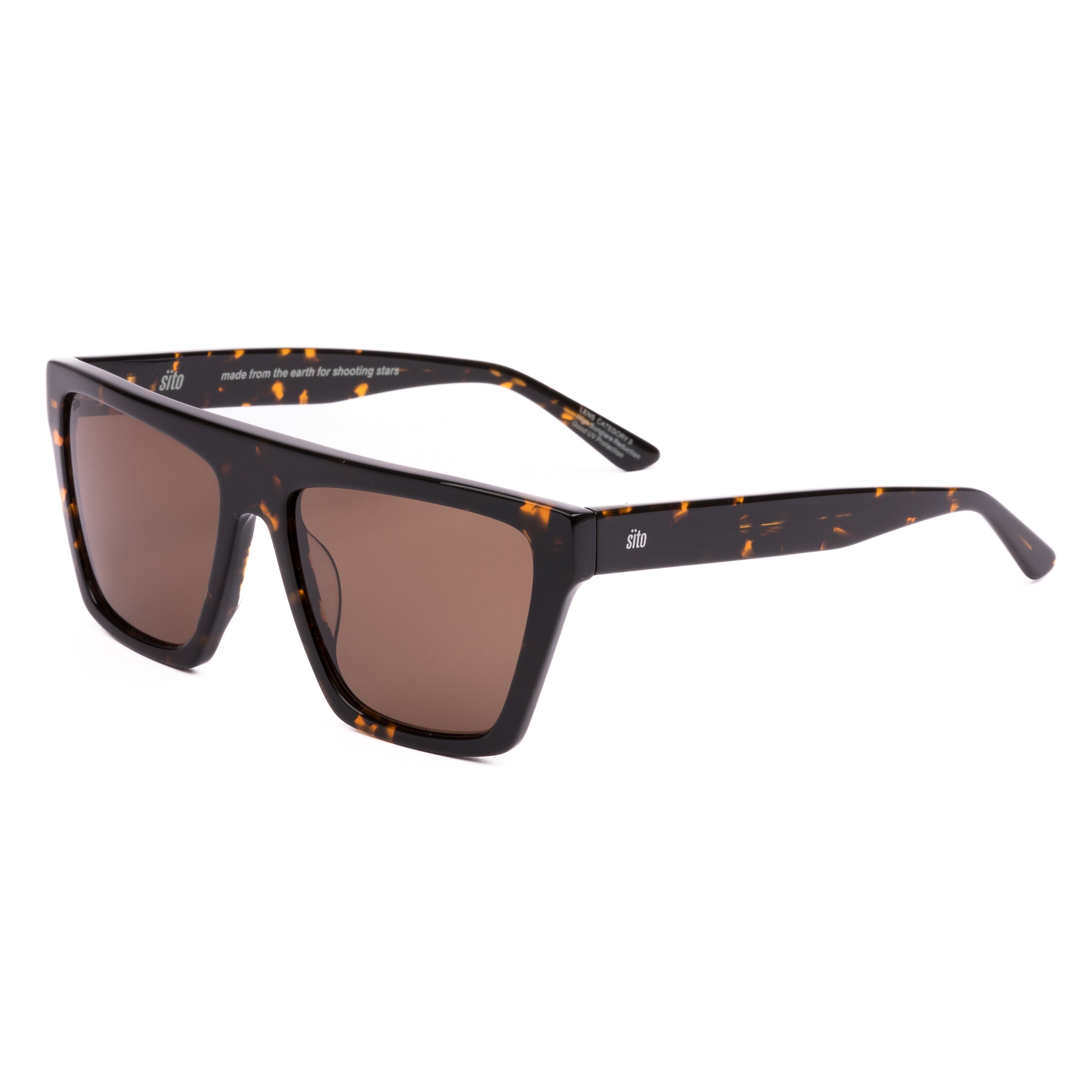 Sunglasses with a brown frame and pink-tinted lenses on a white background