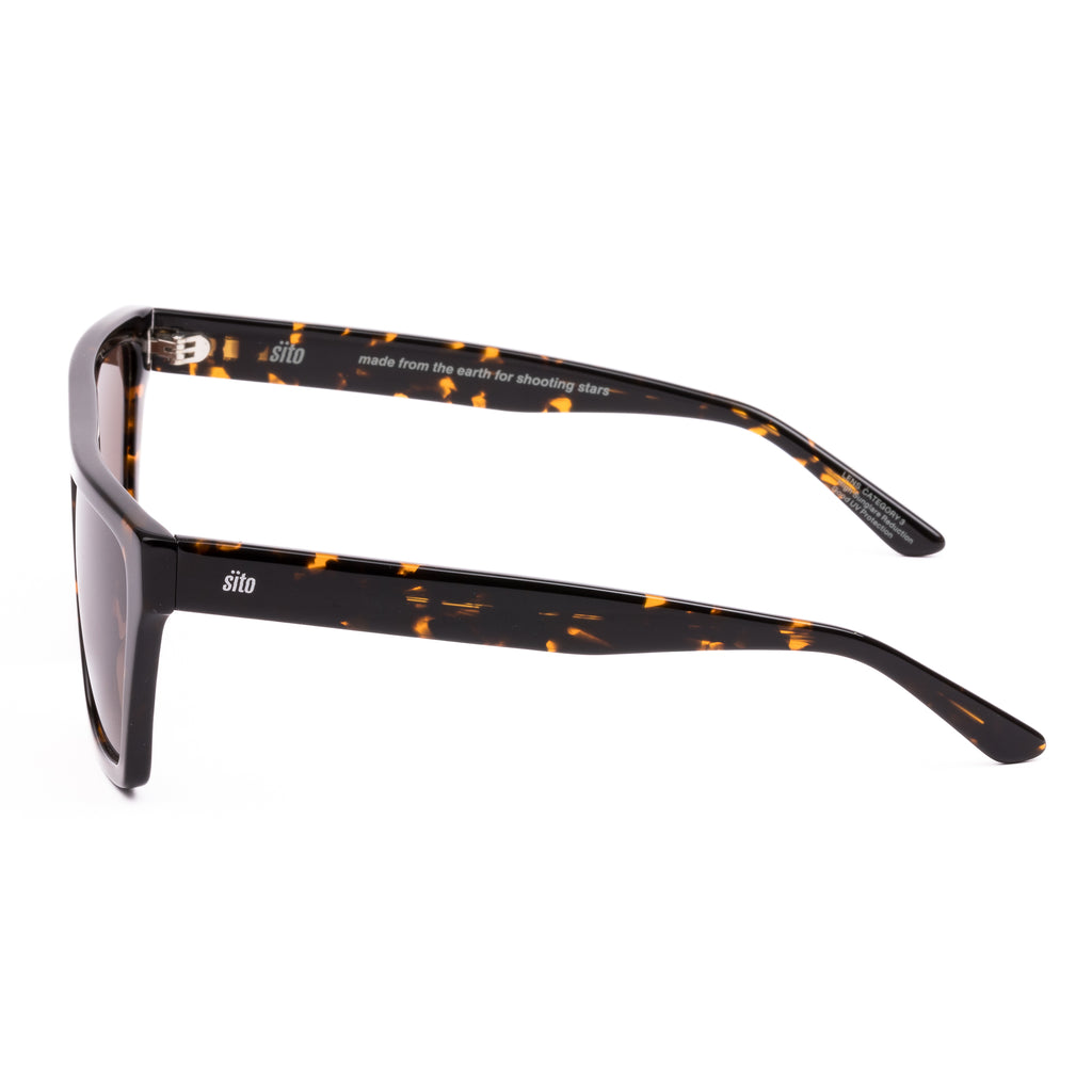 Sunglasses with tortoiseshell frame and dark lenses on a white background