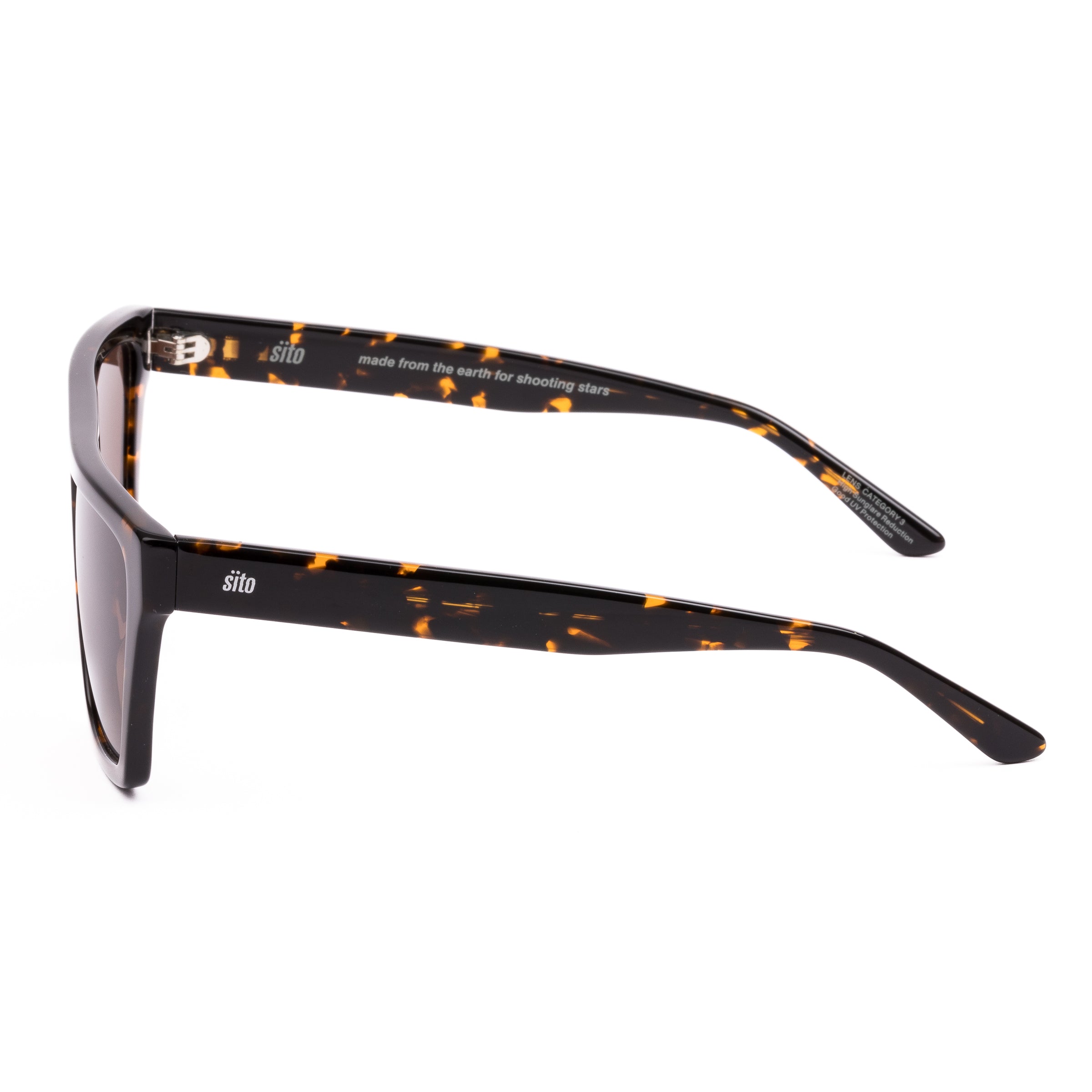 Sunglasses with tortoiseshell frame and dark lenses on a white background
