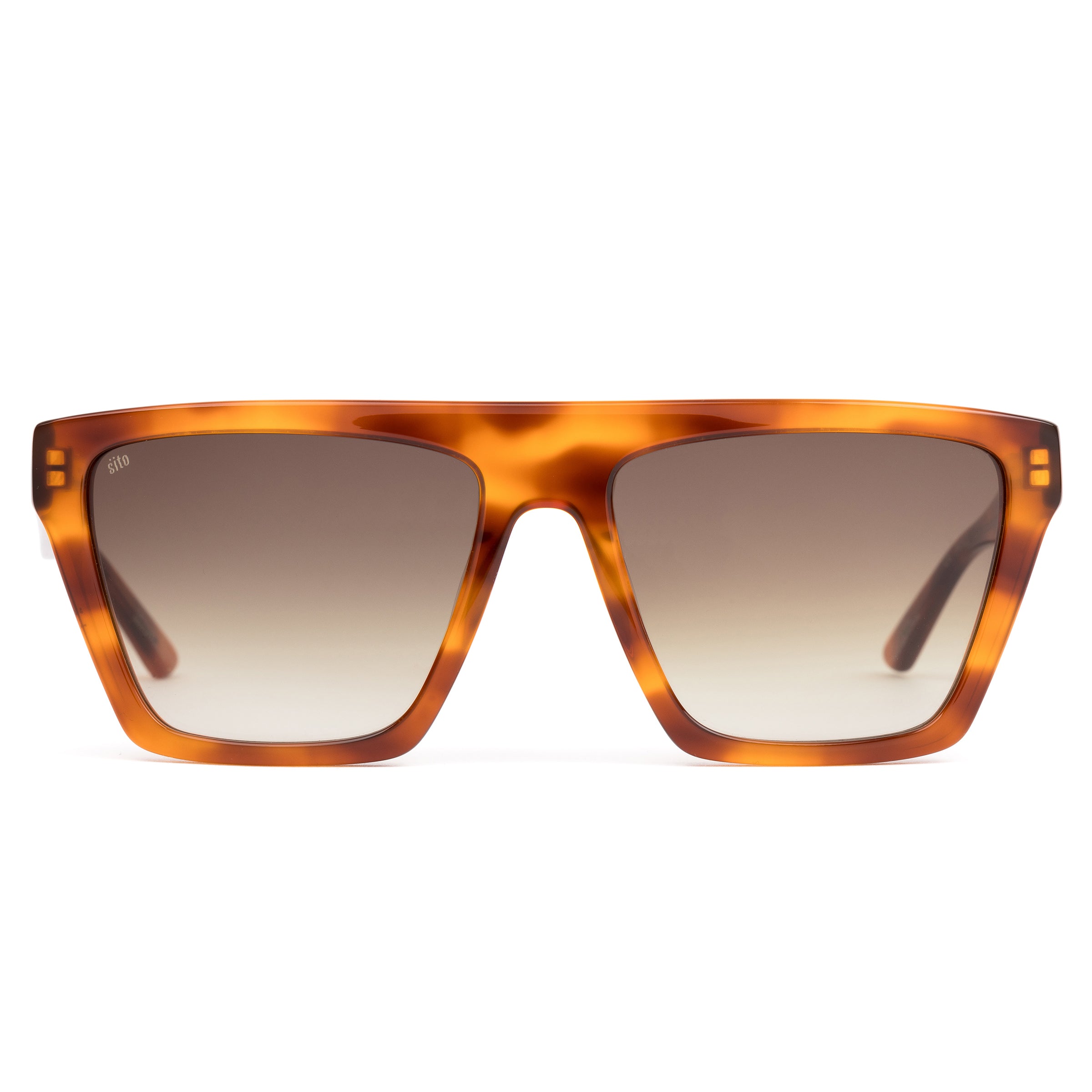 Sunglasses with tortoiseshell frame and gradient lenses on a white background