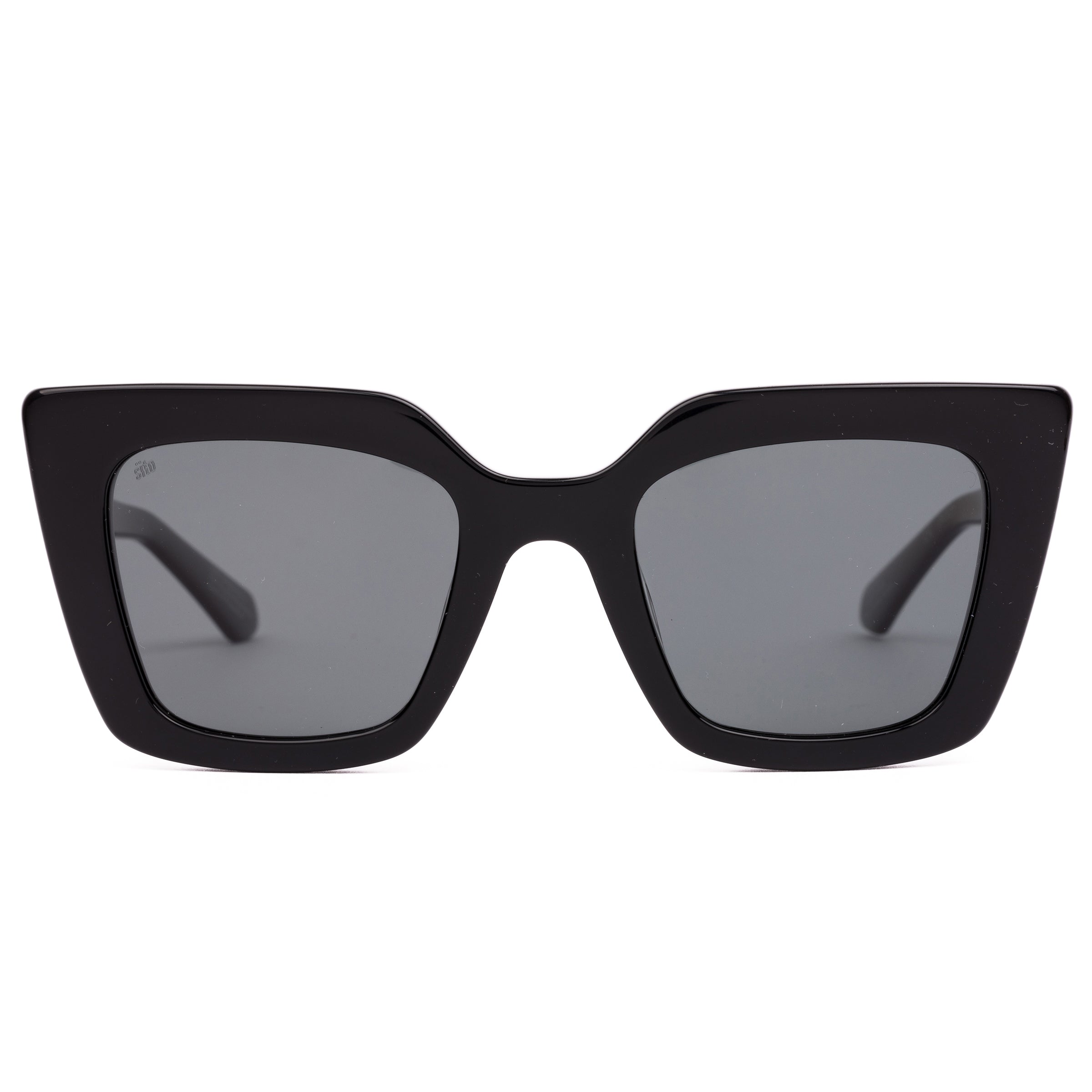 Black sunglasses with dark lenses on a white background