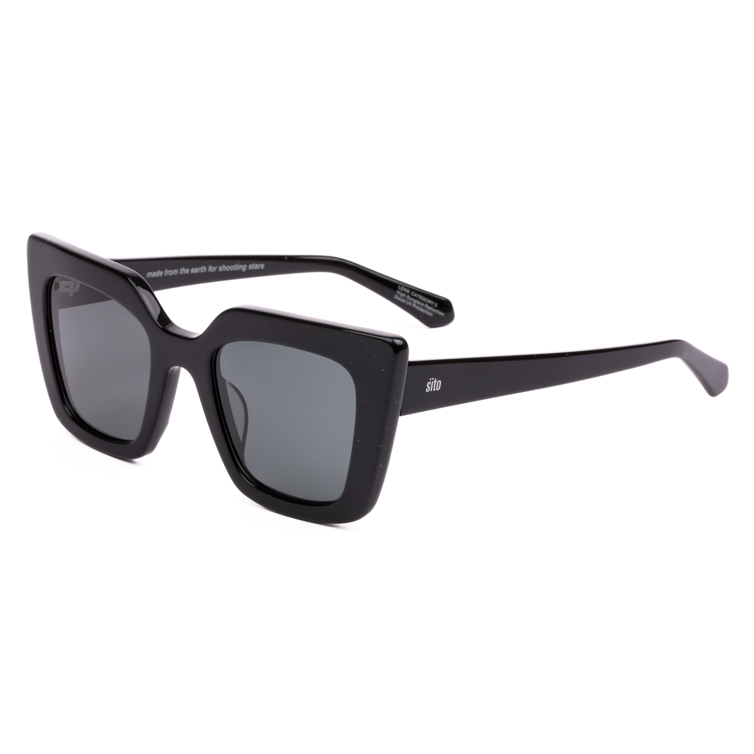 Black sunglasses with dark lenses on a white background