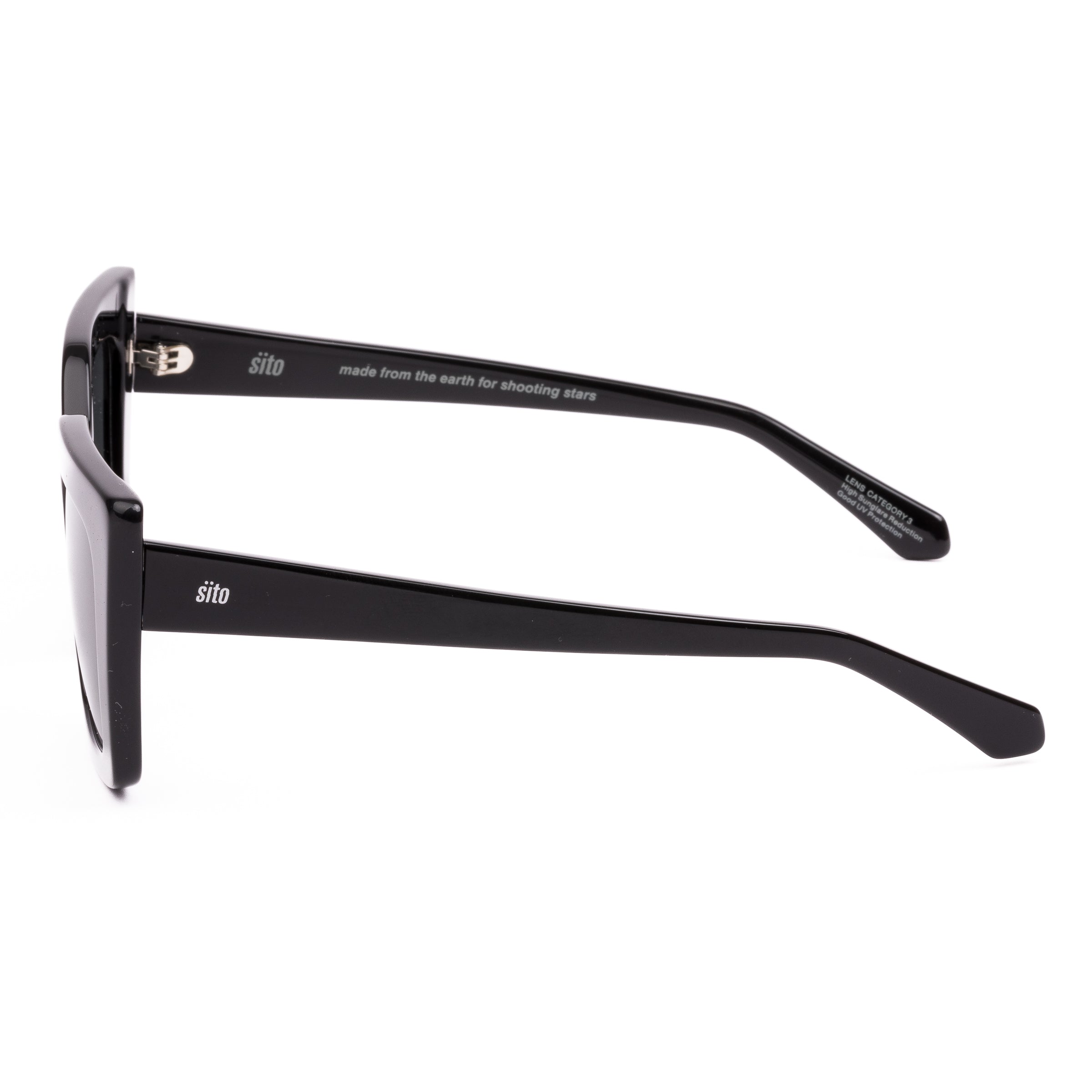 Black sunglasses with dark lenses on a white background