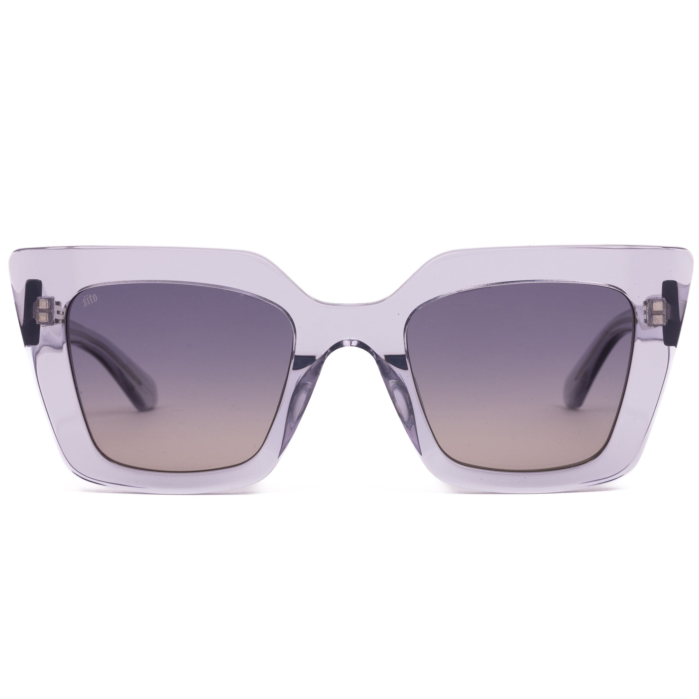 Sunglasses with clear frame and gradient lenses on a white background