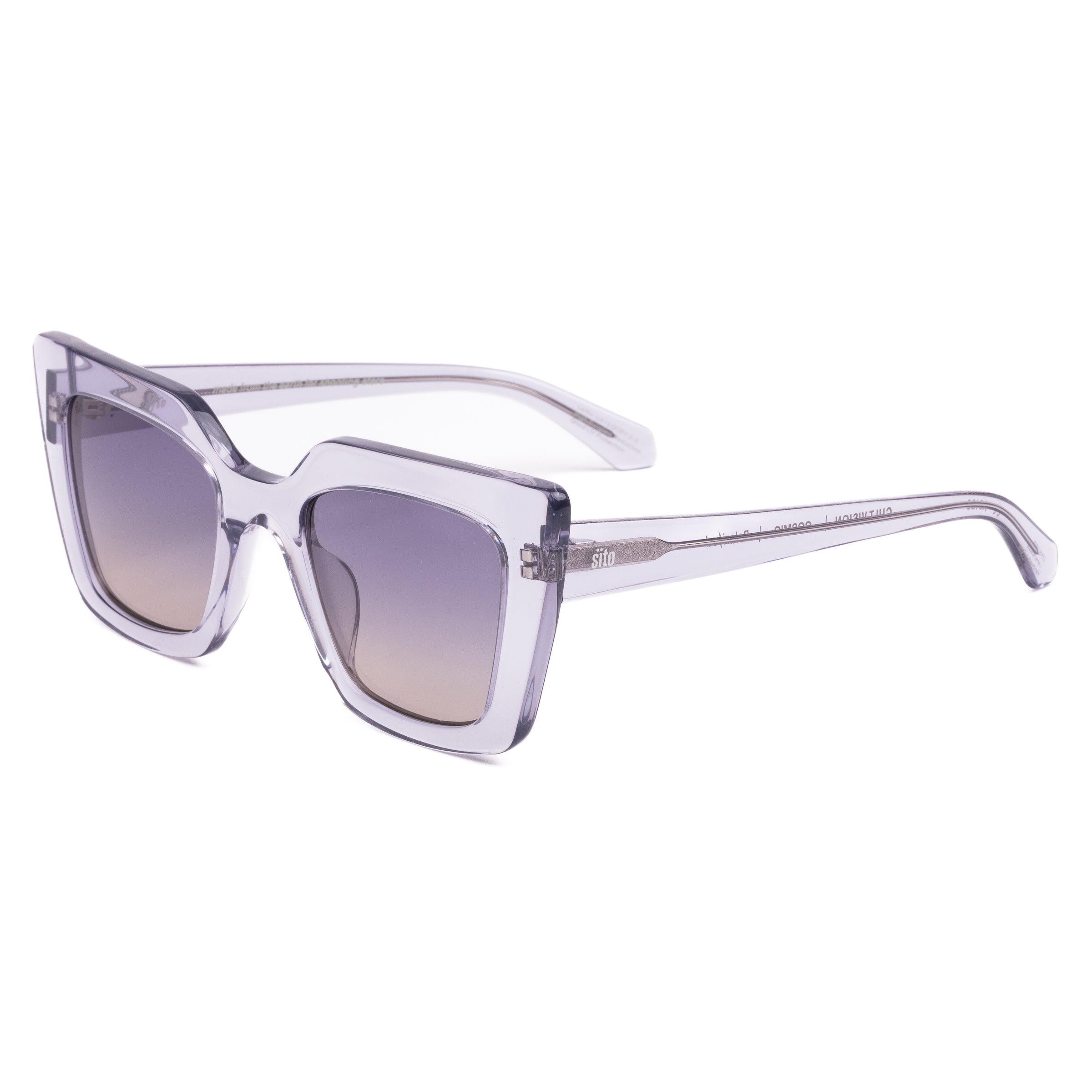 Sunglasses with clear frame and gradient lenses on a white background