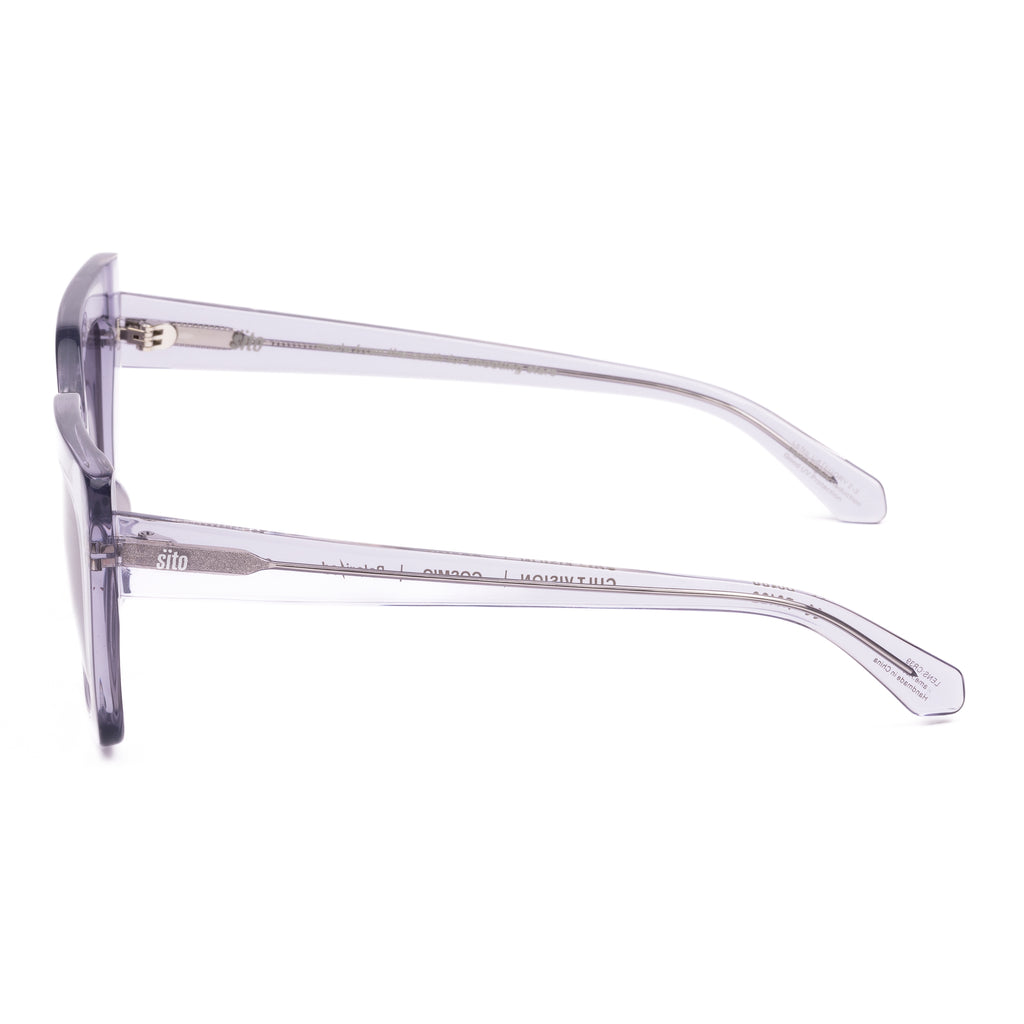 Sunglasses with clear frame and gradient lenses on a white background