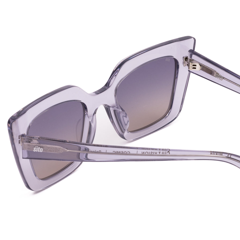 Sunglasses with clear frame and gradient lenses on a white background