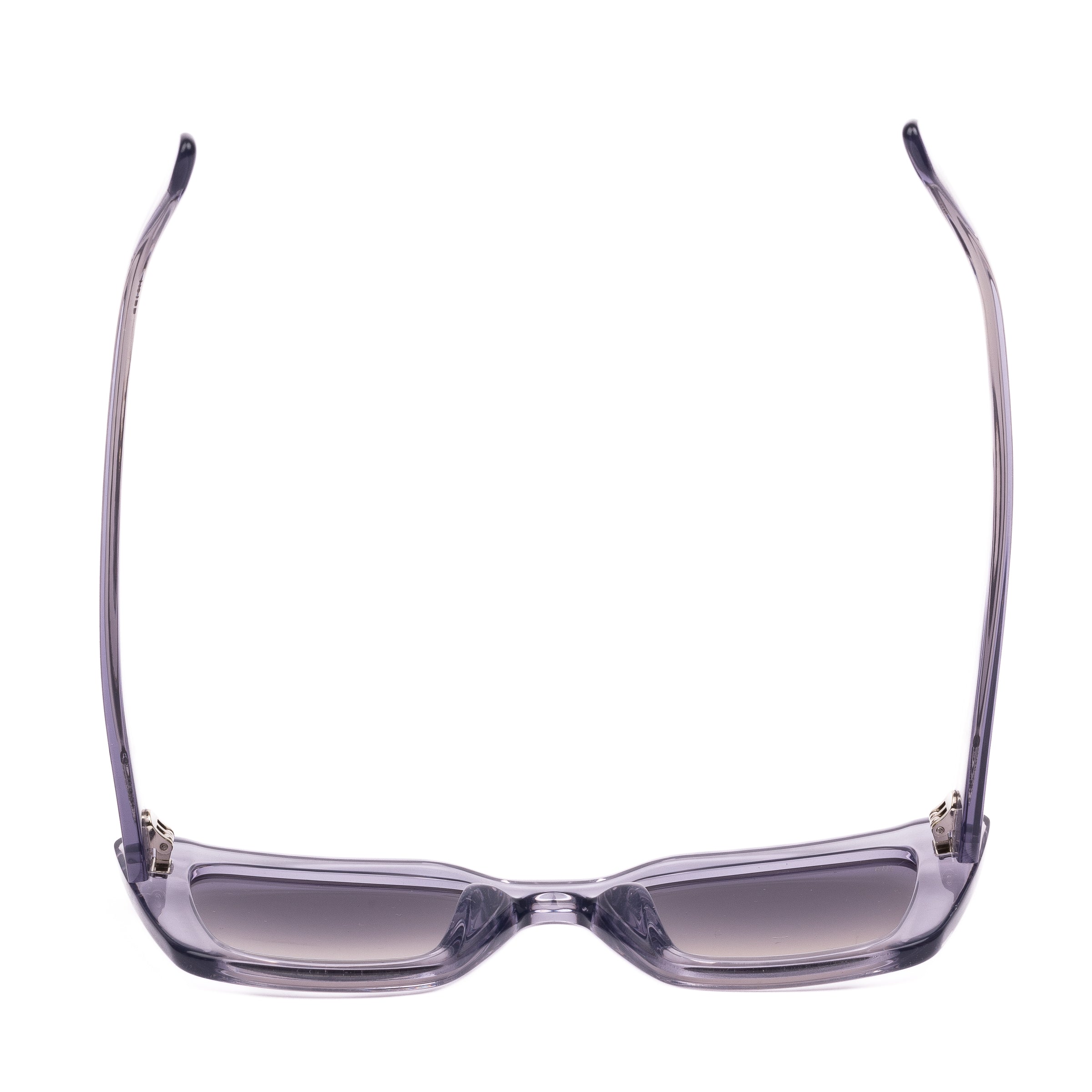 Sunglasses with clear frame and gradient lenses on a white background