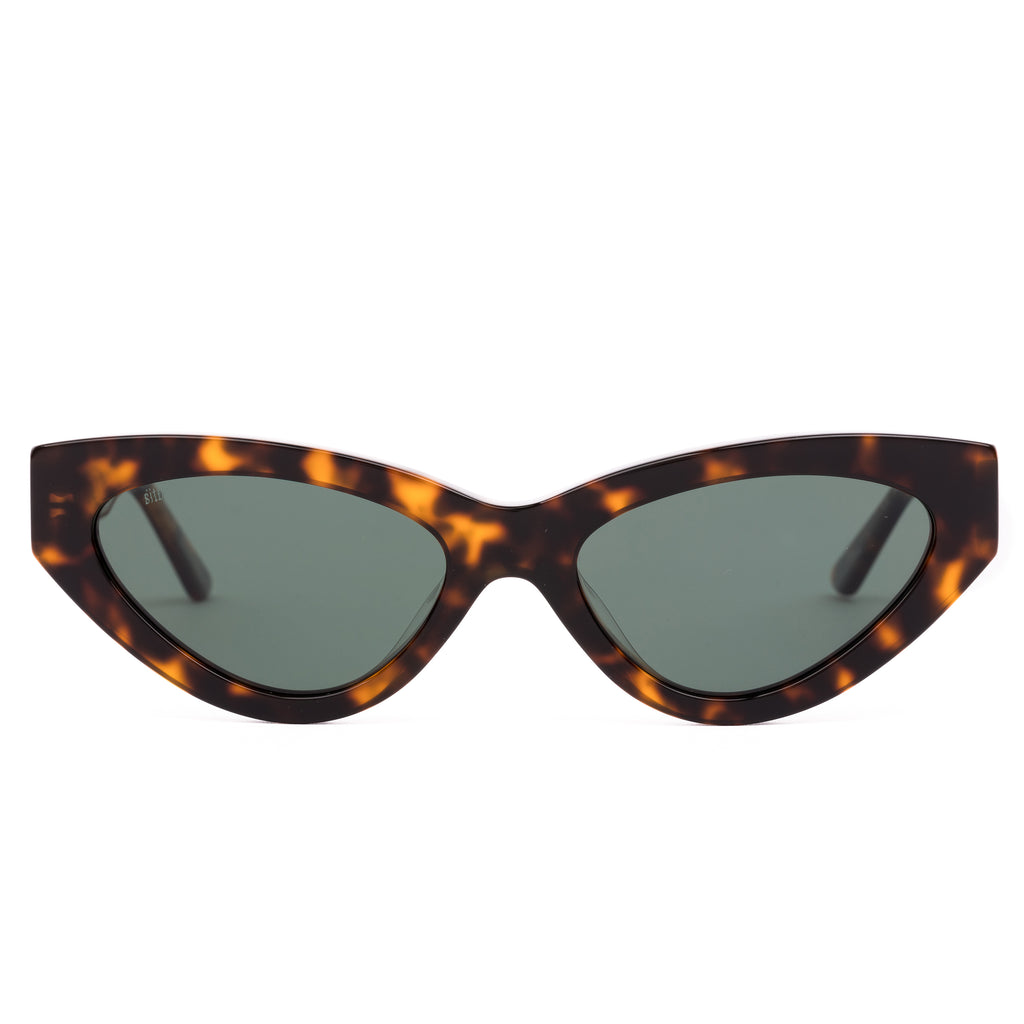 Cat-eye sunglasses with tortoiseshell frame and dark lenses on a white background
