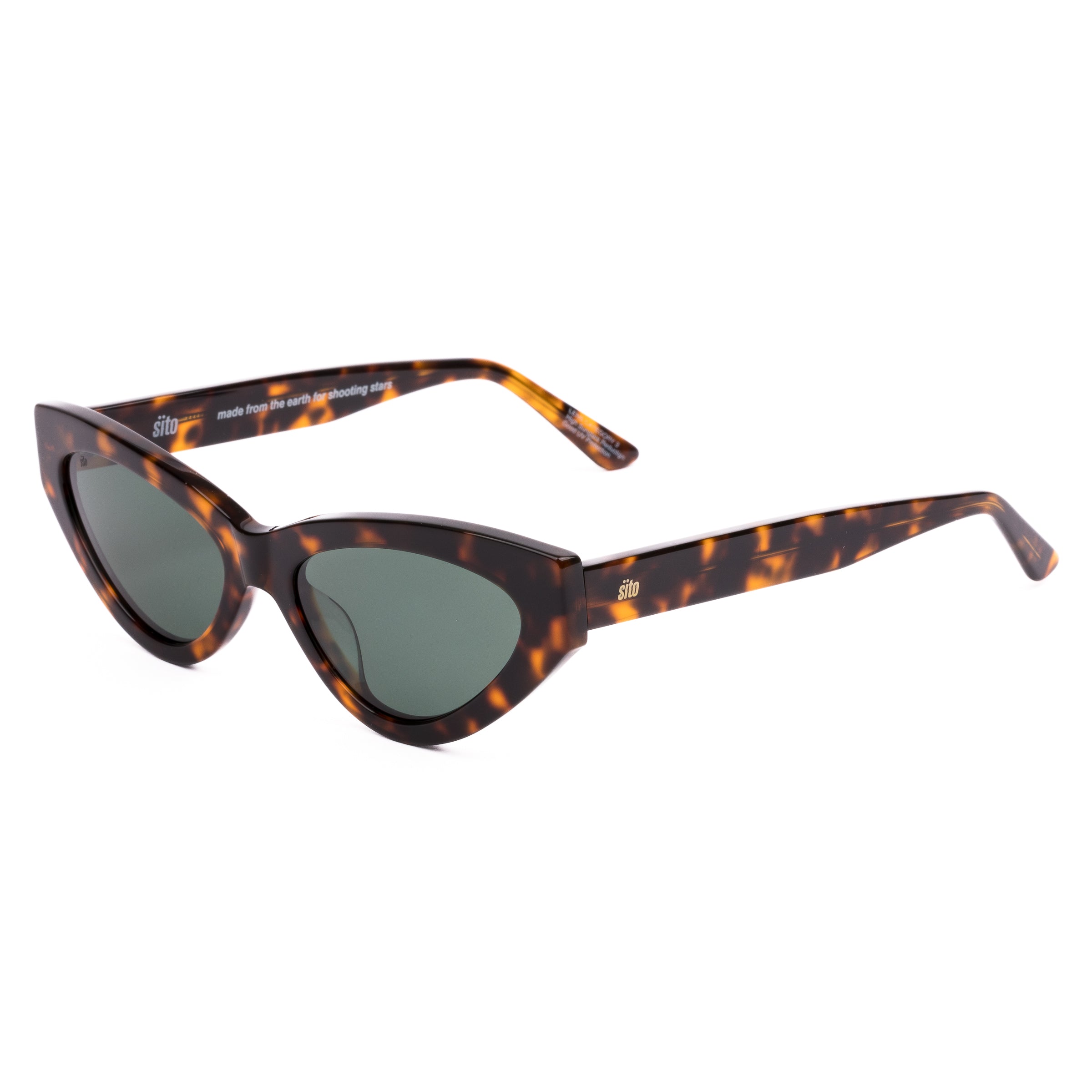 Cat-eye sunglasses with tortoiseshell frame and dark lenses on a white background