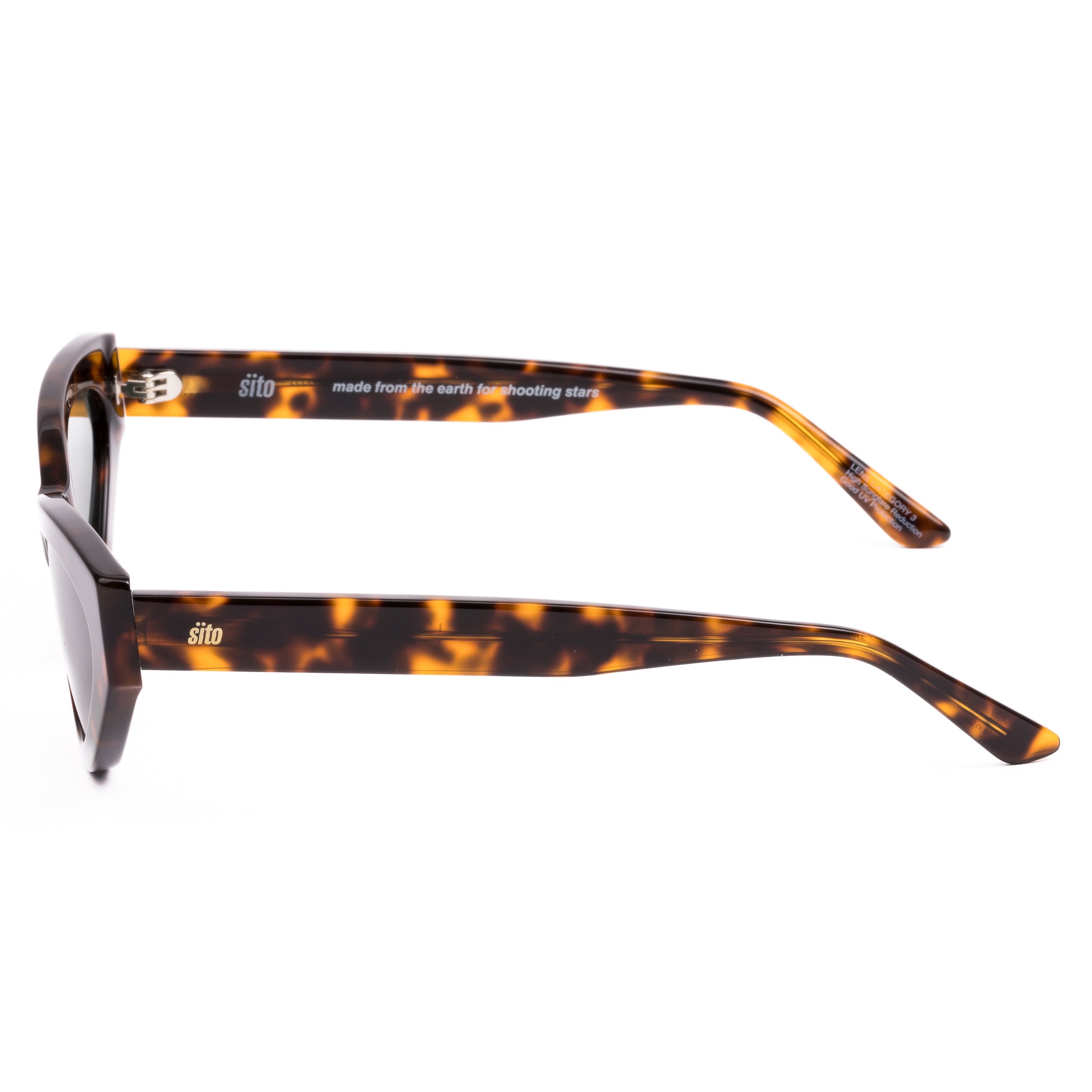 Cat-eye sunglasses with tortoiseshell frame and dark lenses on a white background