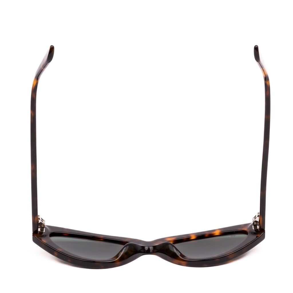 Cat-eye sunglasses with tortoiseshell frame and dark lenses on a white background