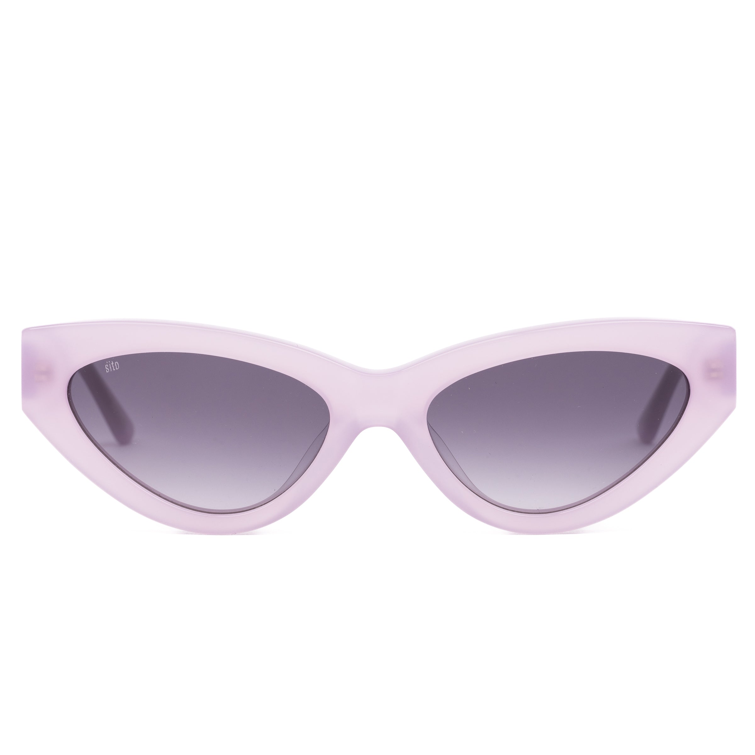 Pink cat-eye sunglasses with gray lenses on a white background