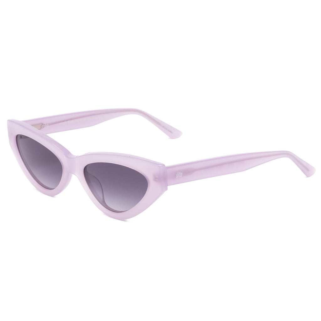 Pink cat-eye sunglasses with gray lenses on a white background