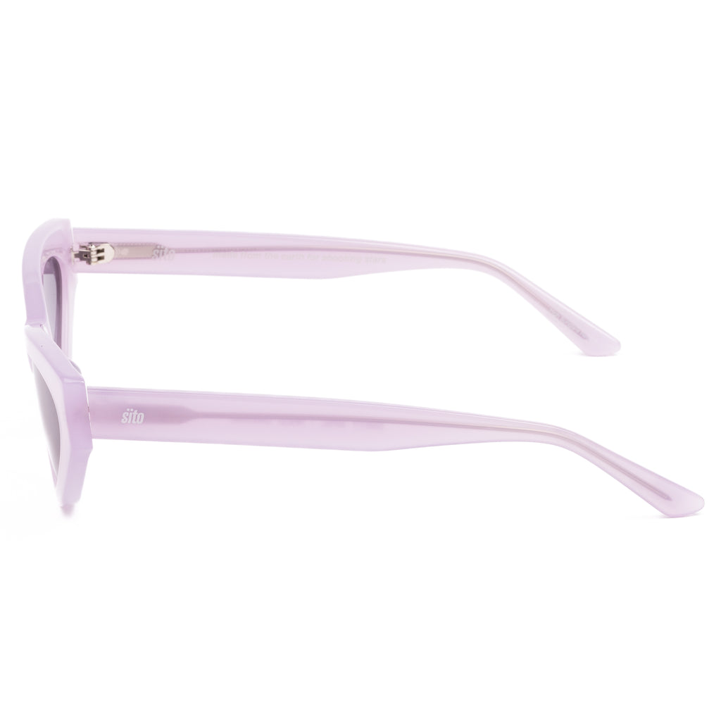 Pink cat-eye sunglasses with gray lenses on a white background