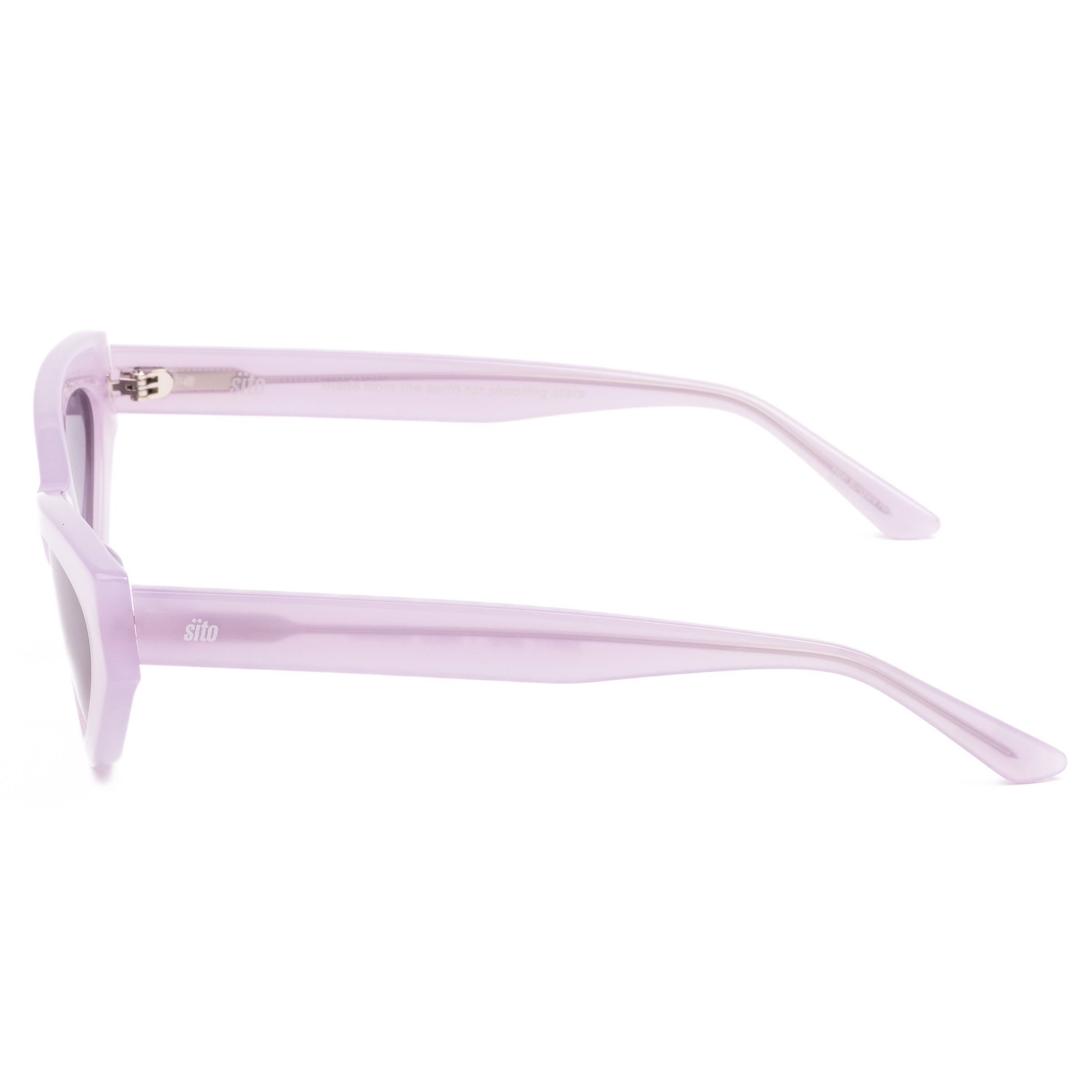 Pink cat-eye sunglasses with gray lenses on a white background
