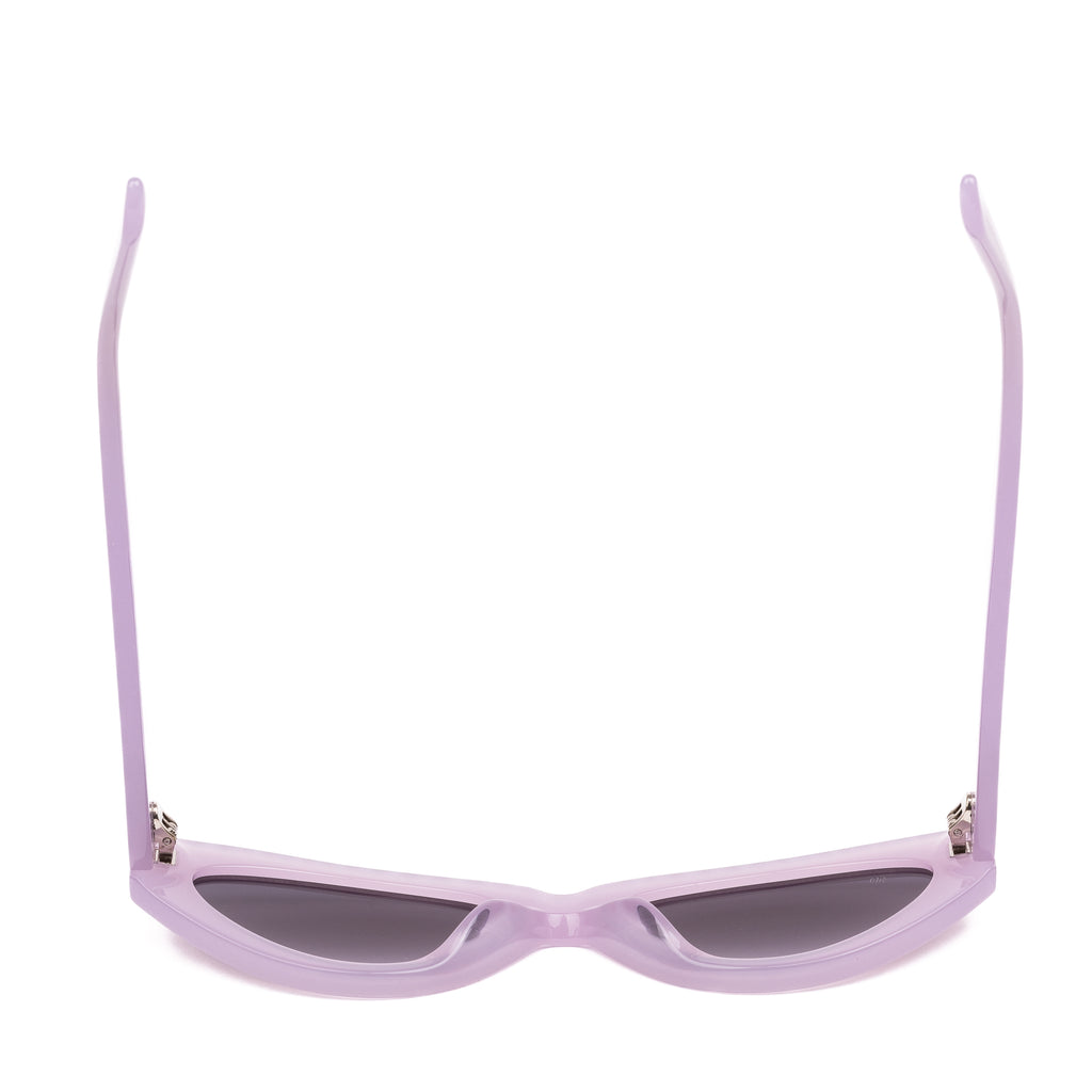 Pink cat-eye sunglasses with gray lenses on a white background