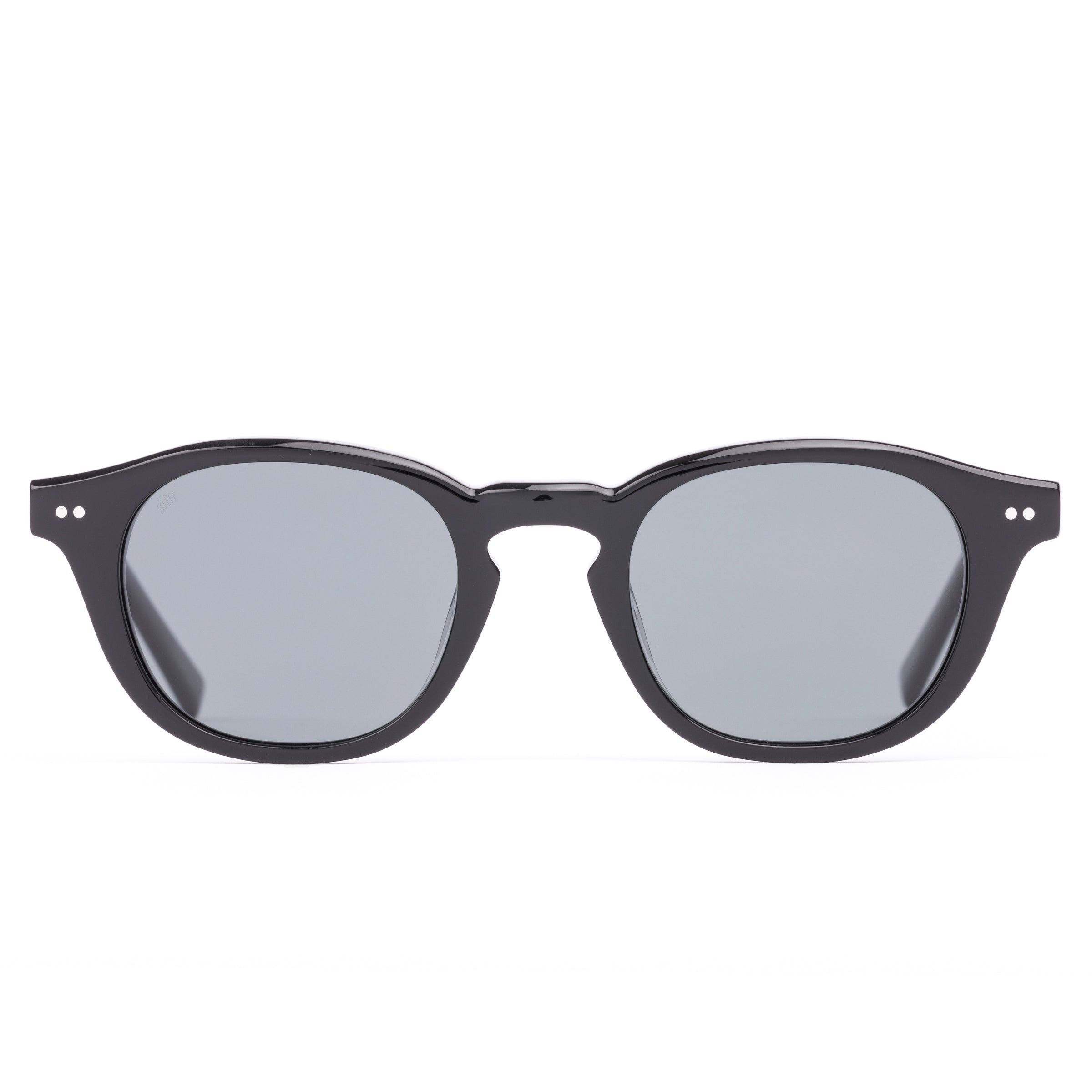 Black sunglasses with reflective lenses on a white background