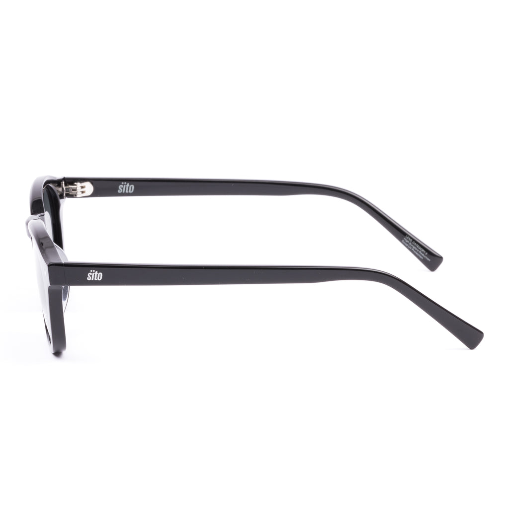 Black sunglasses with reflective lenses on a white background