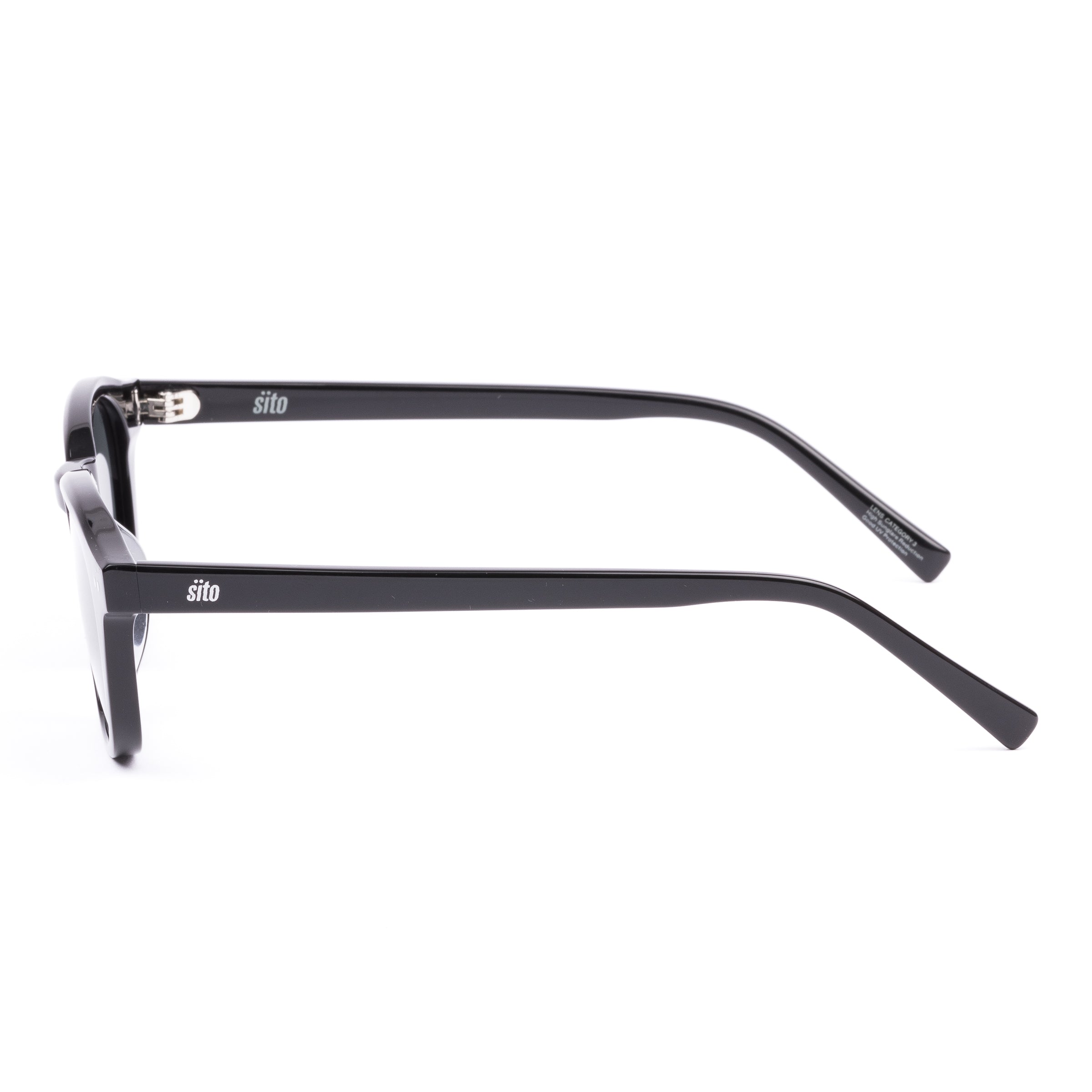 Black sunglasses with reflective lenses on a white background