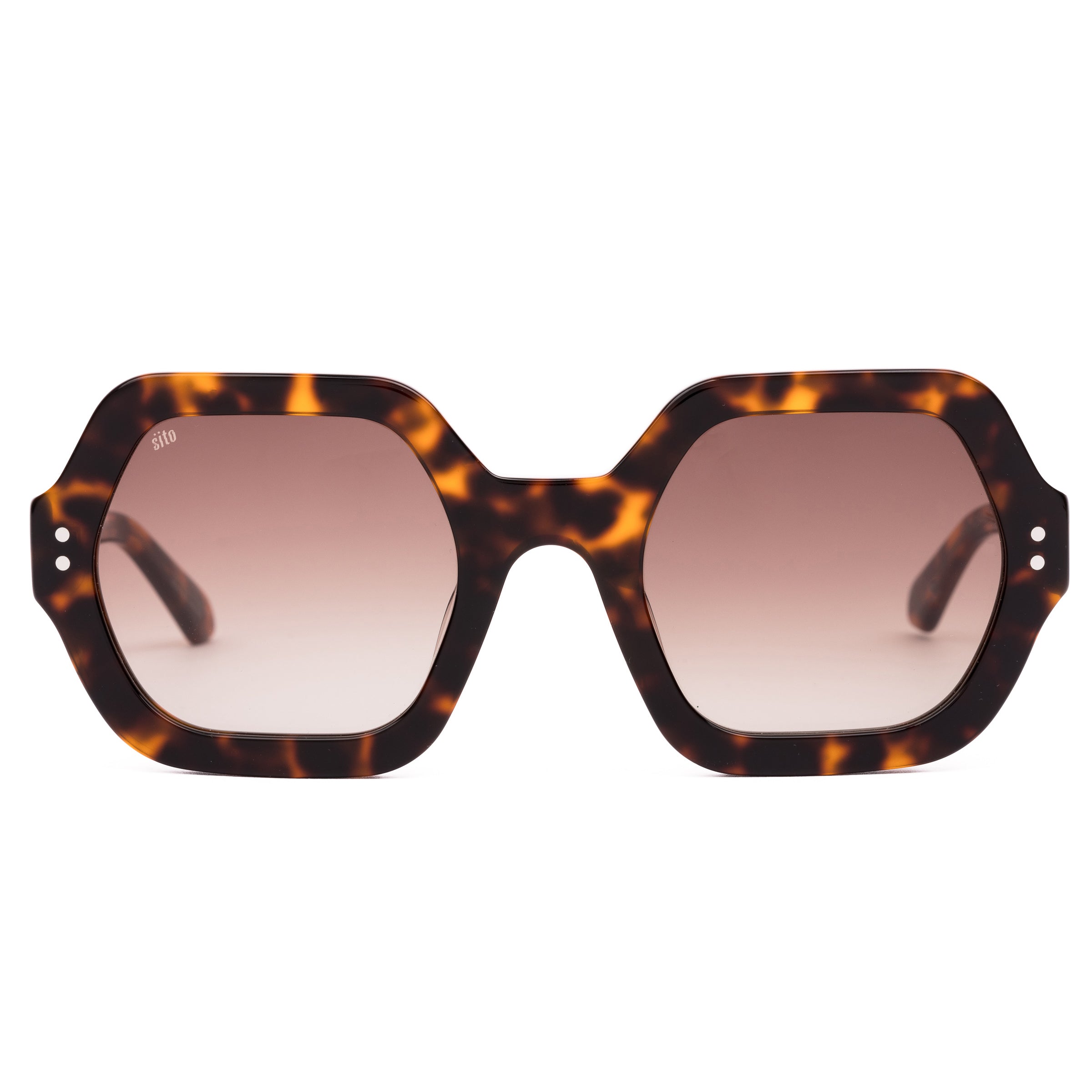 Sunglasses with tortoiseshell frame and gradient lenses on a white background