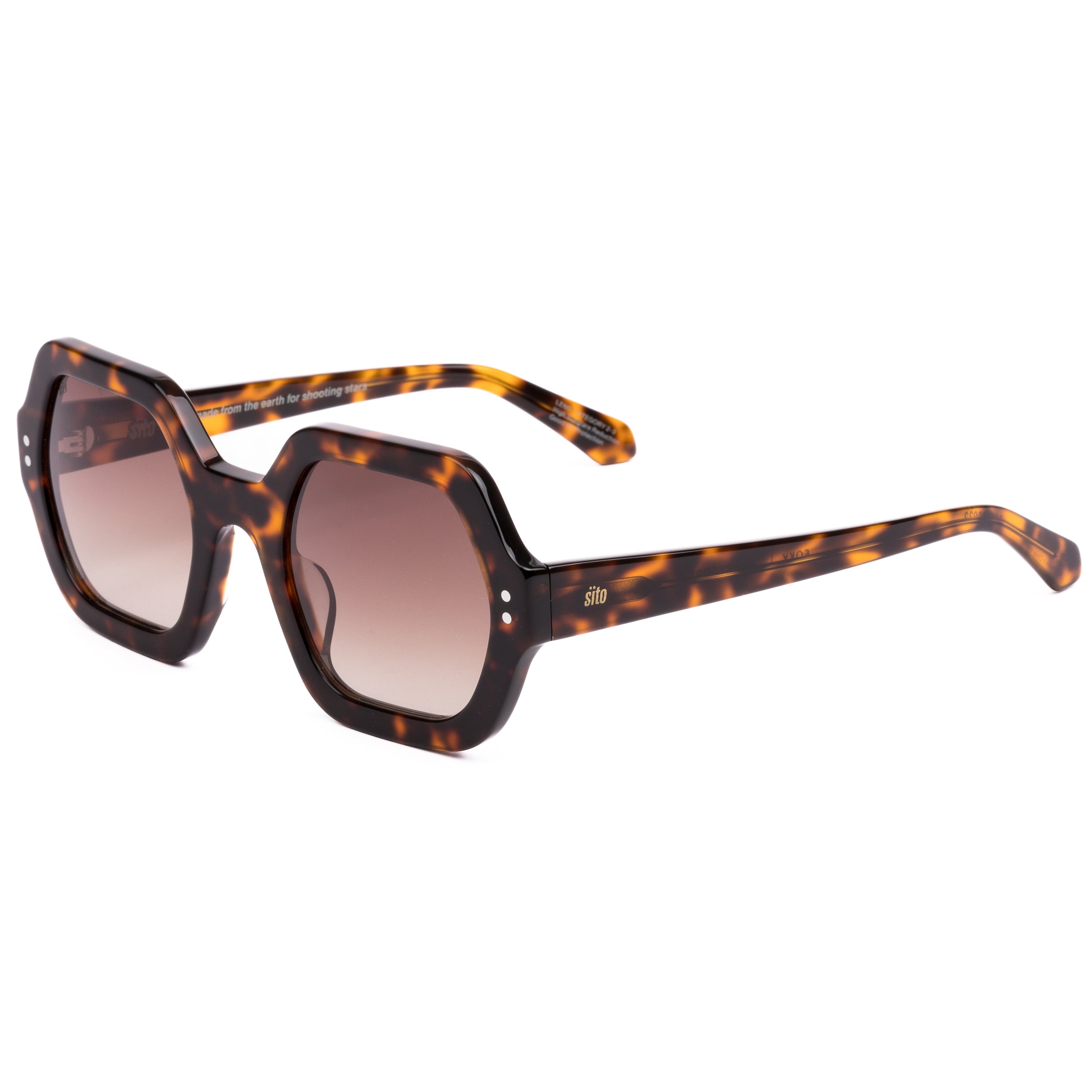 Sunglasses with tortoiseshell frame and gradient lenses on a white background
