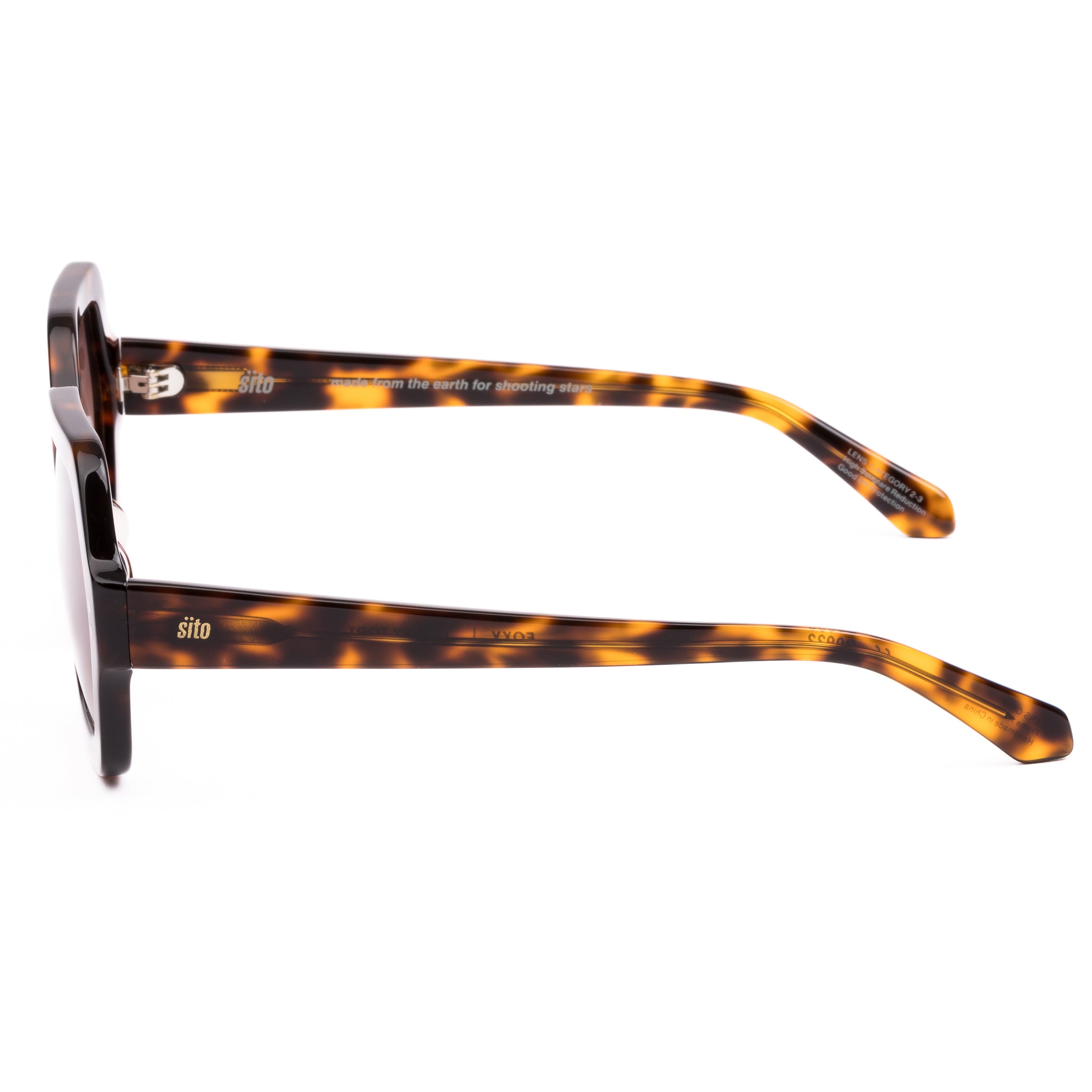 Sunglasses with tortoiseshell frame and gradient lenses on a white background