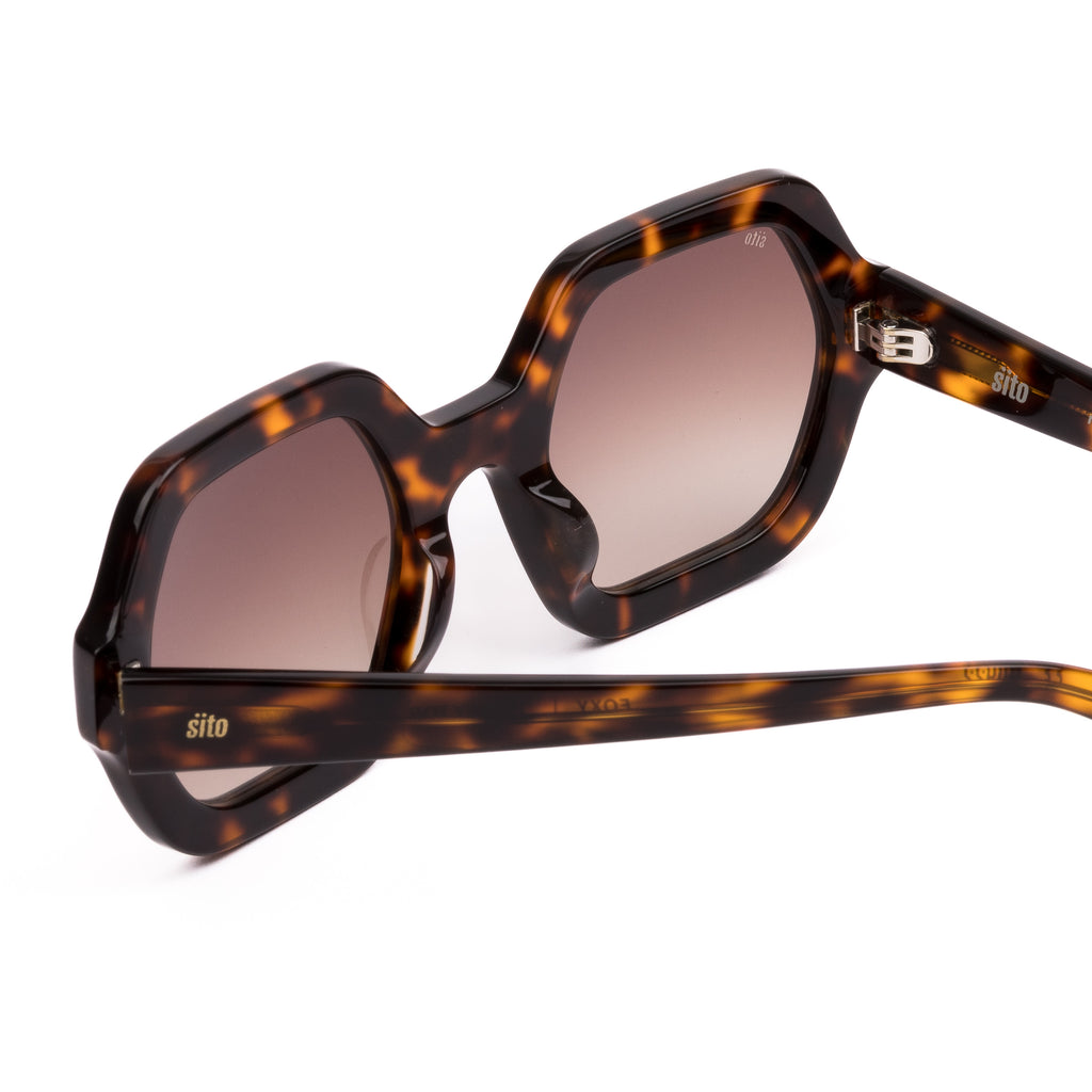 Sunglasses with tortoiseshell frame and gradient lenses on a white background