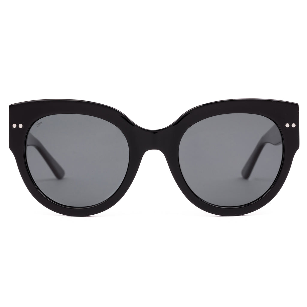 Black sunglasses with dark lenses on a white background