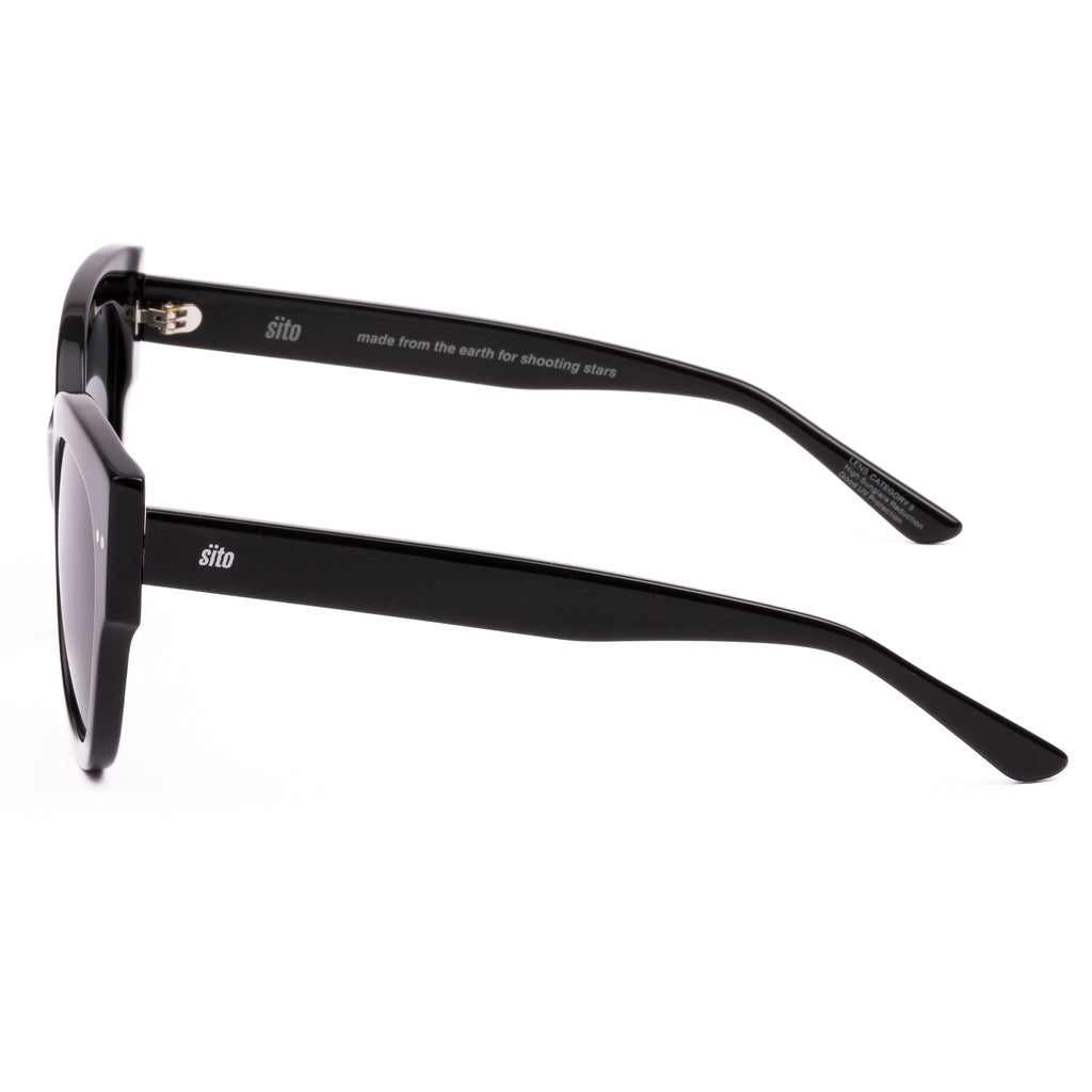 Black sunglasses with dark lenses on a white background
