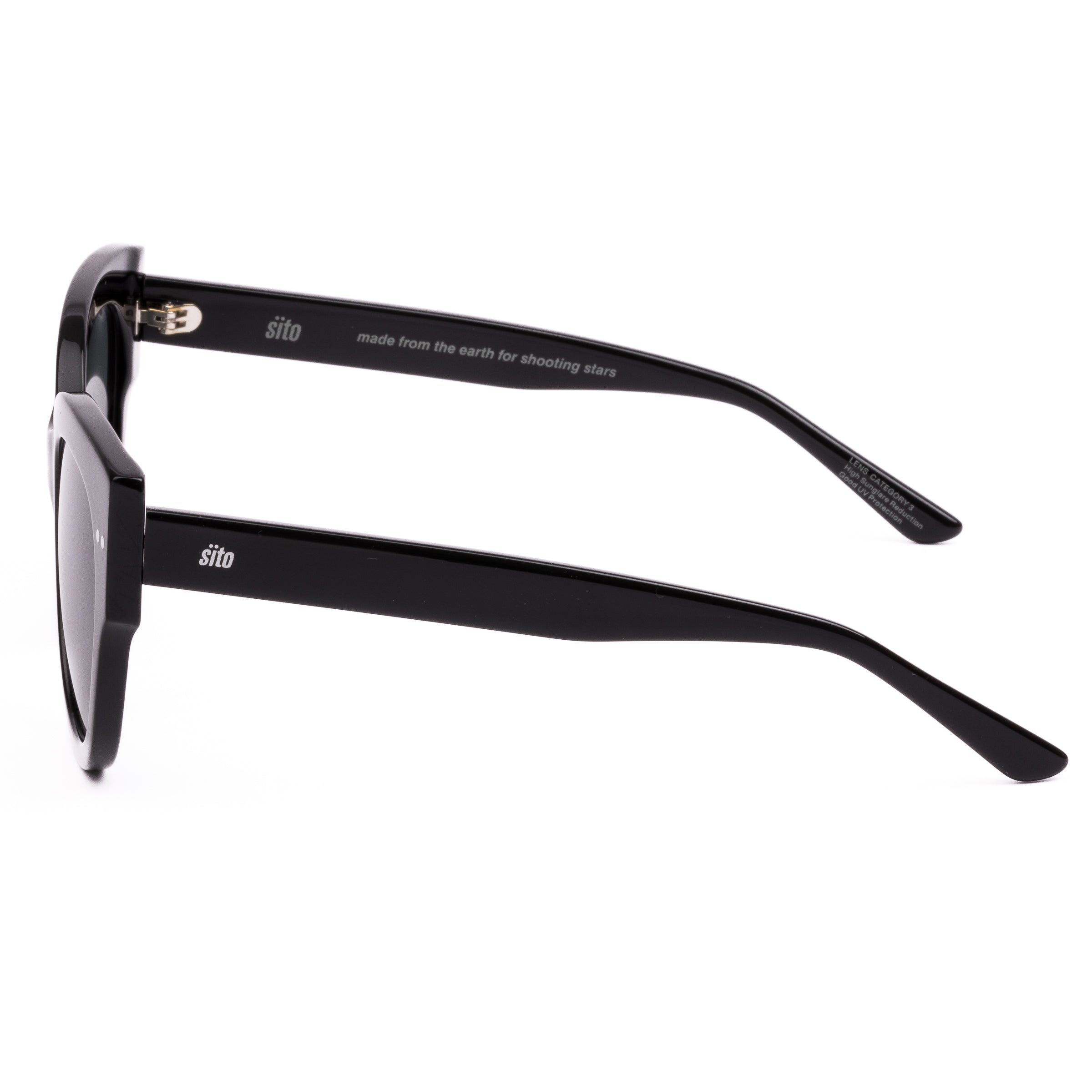 Black sunglasses with dark lenses on a white background