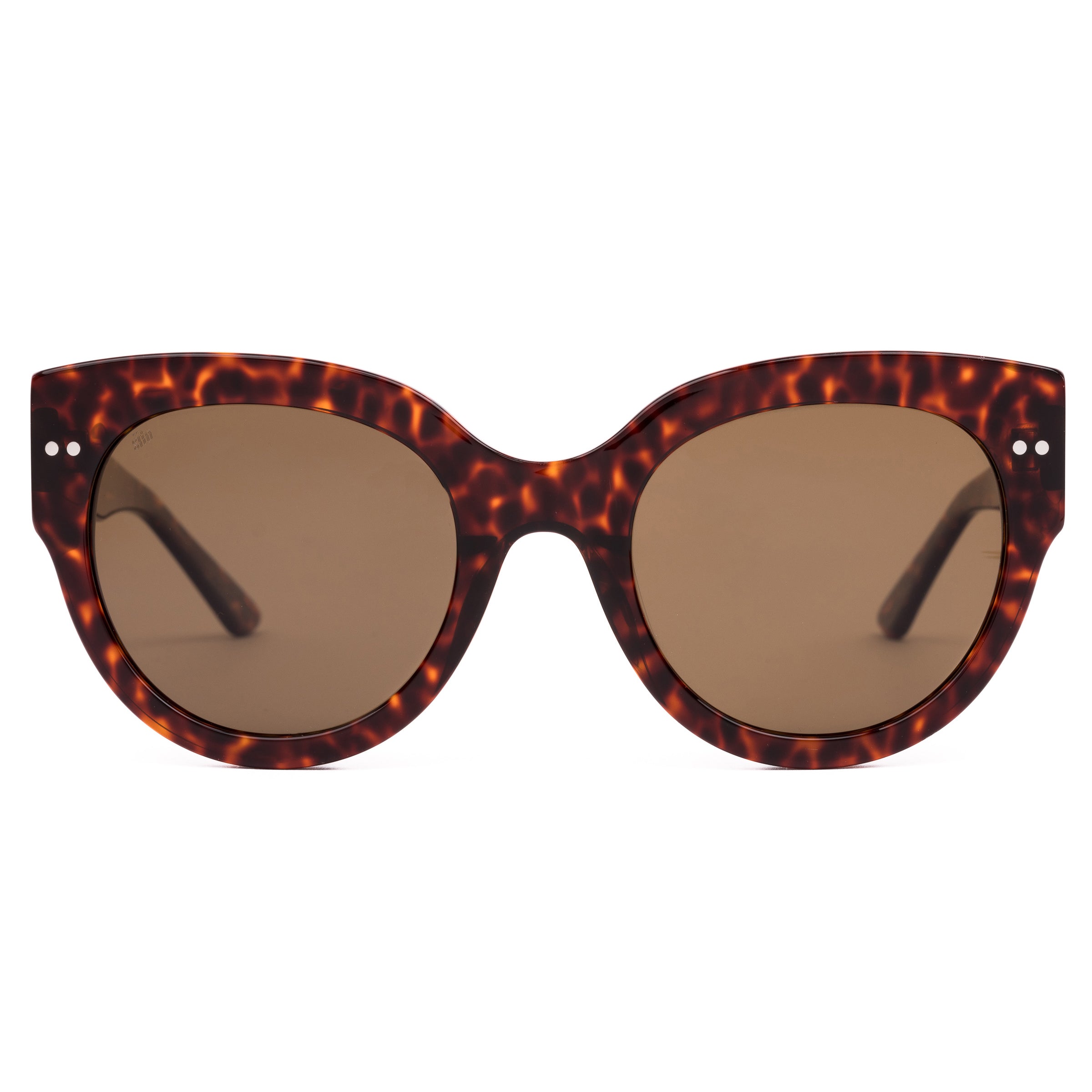 Sunglasses with tortoiseshell frame and brown lenses on a white background