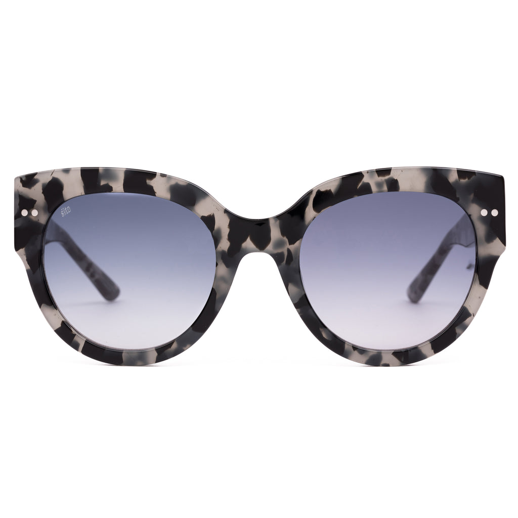 Sunglasses with tortoiseshell frame and gray lenses on a white background