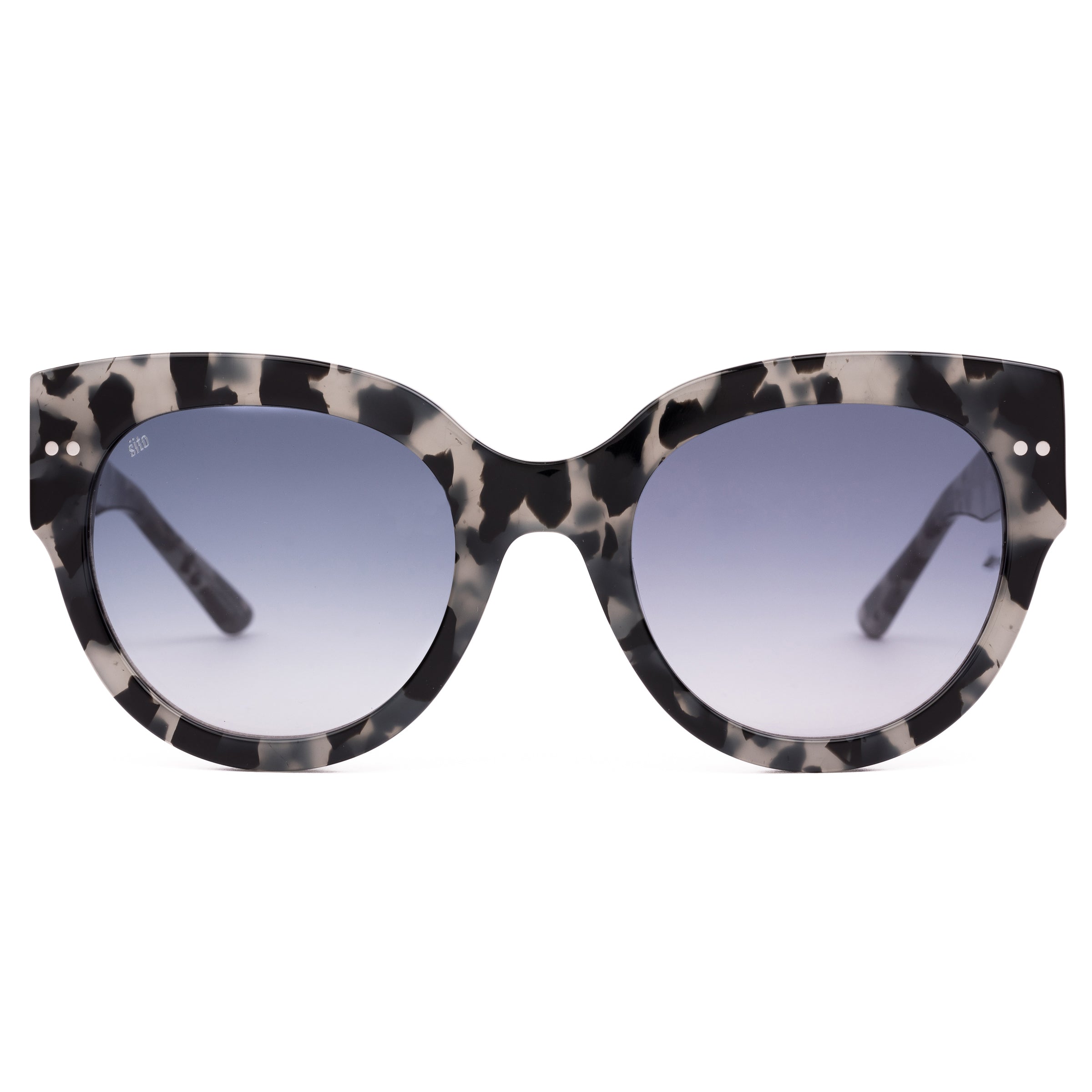 Sunglasses with tortoiseshell frame and gray lenses on a white background